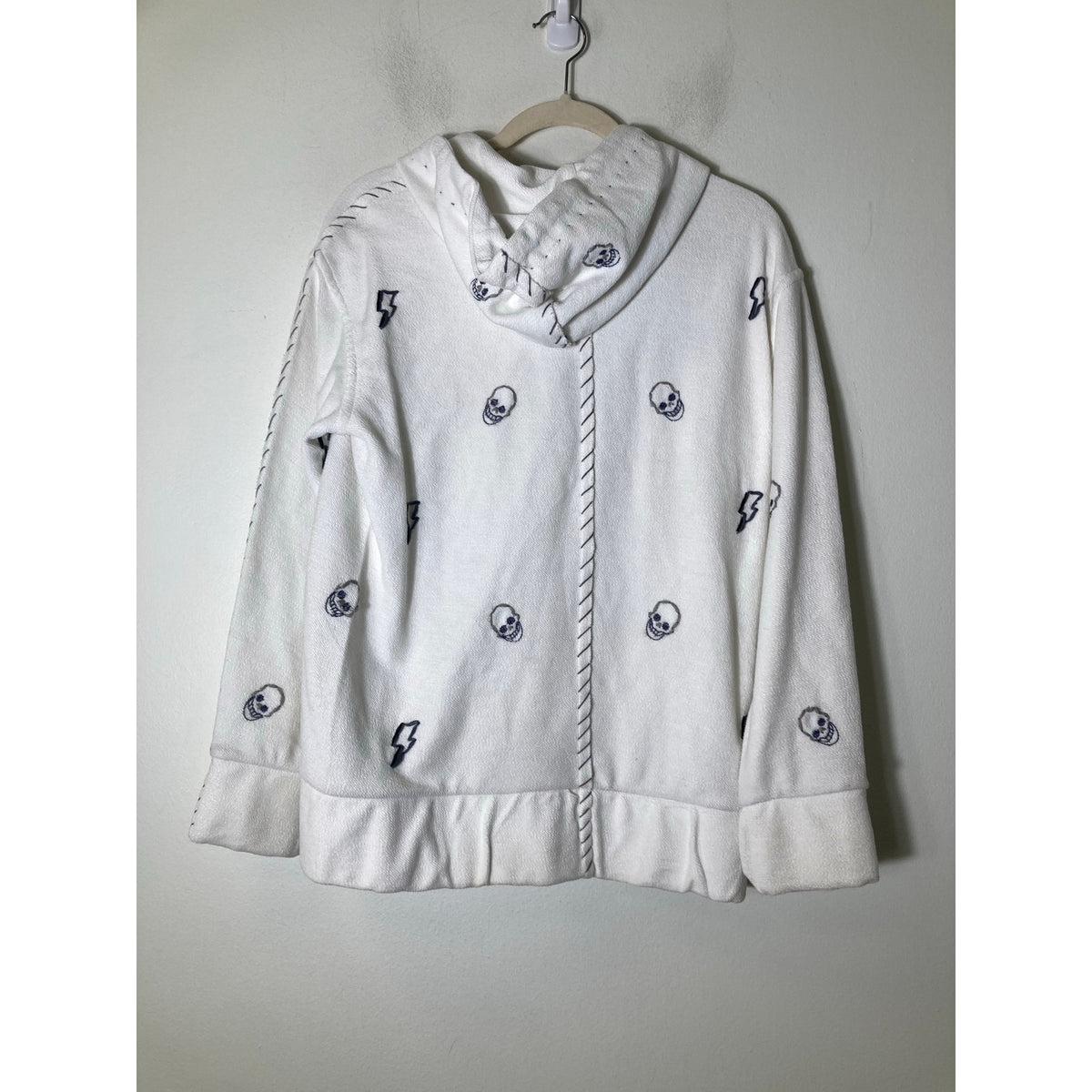 One 432 White Handmade Embroidered Skull Zip Up Hoodie Sz S