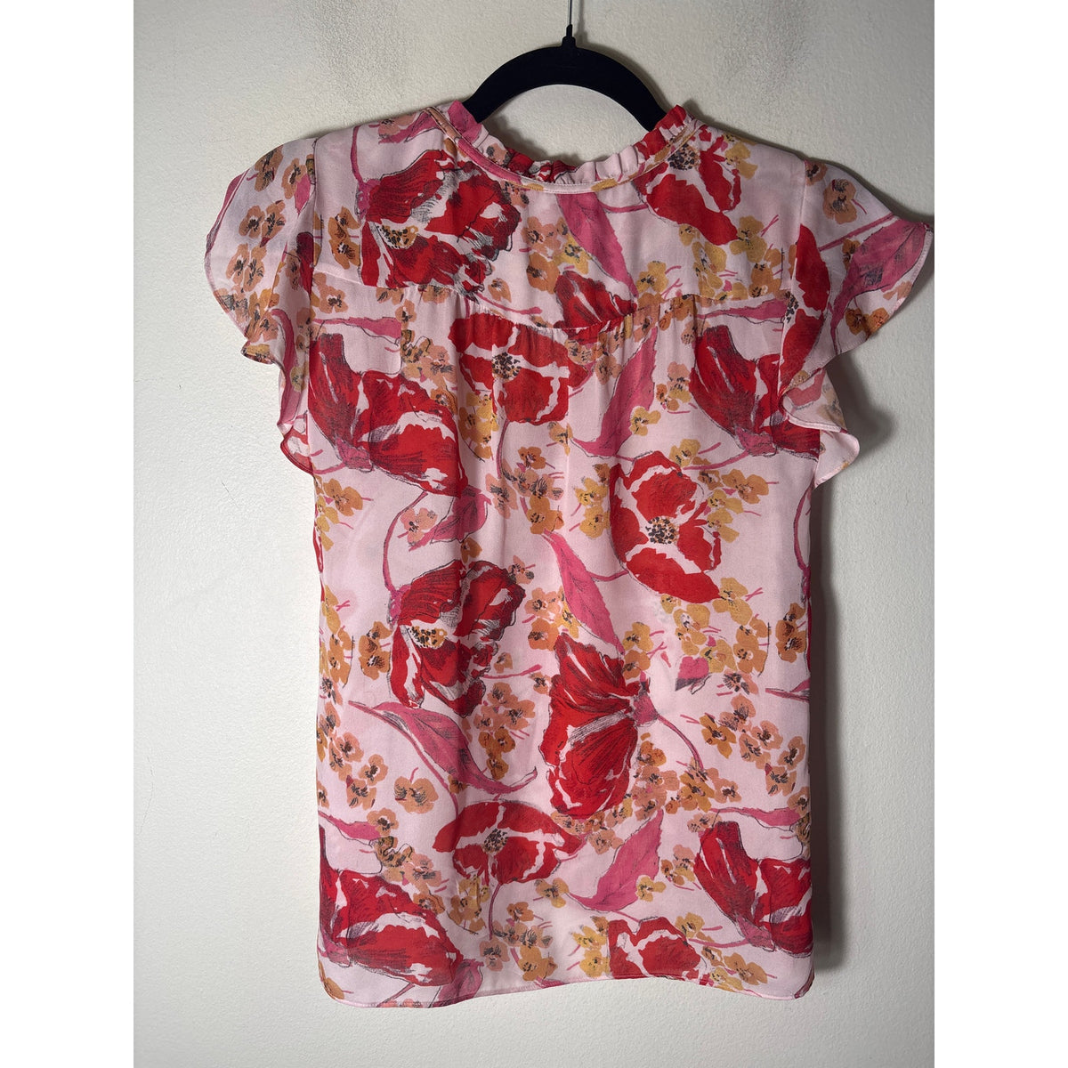 Parker Pink Floral Flutter Sleeve Silk Blouse Sz XS