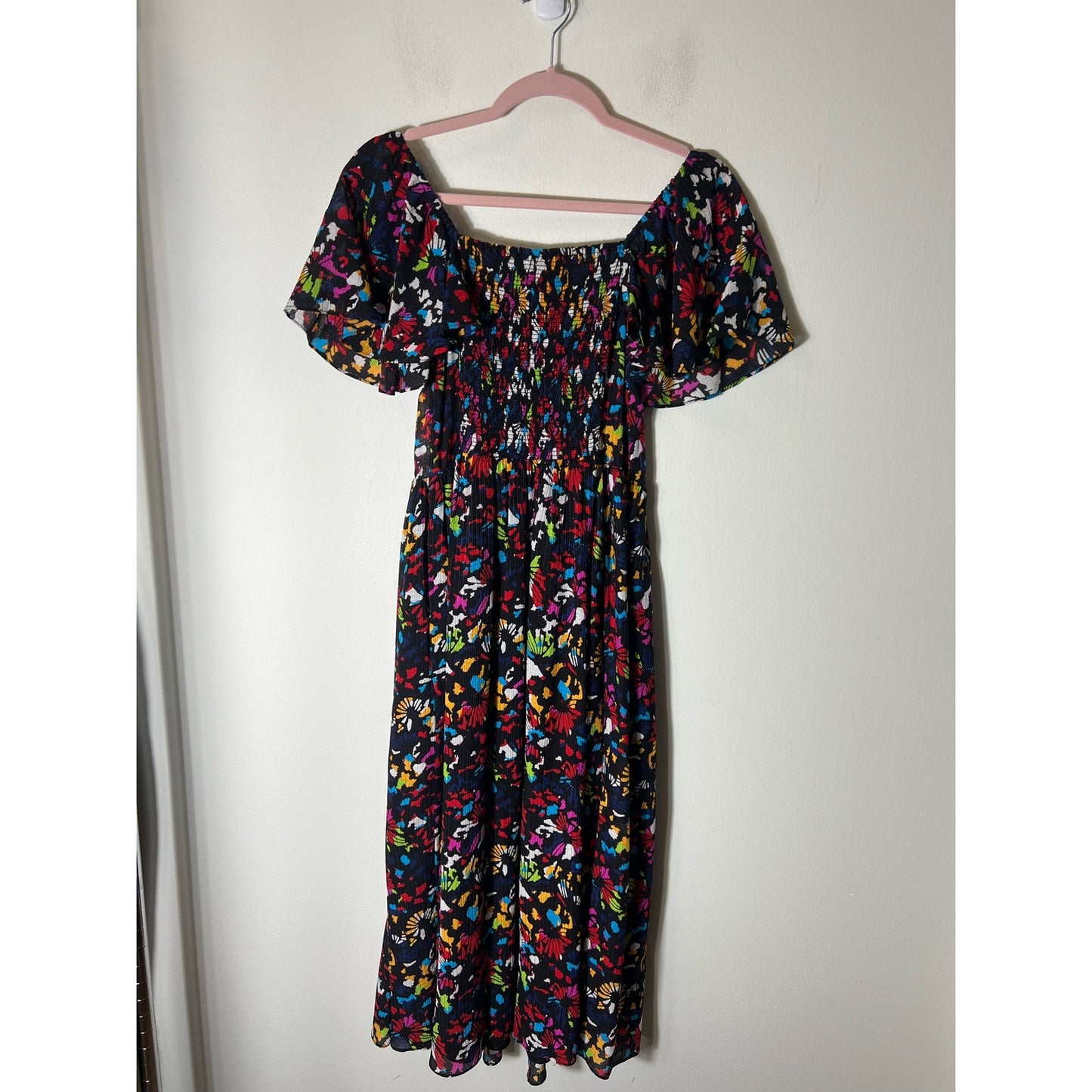 Tanya Taylor Black & Multi Silk Smocked Bodice Ruffle Cap Sleeve Dress Sz S