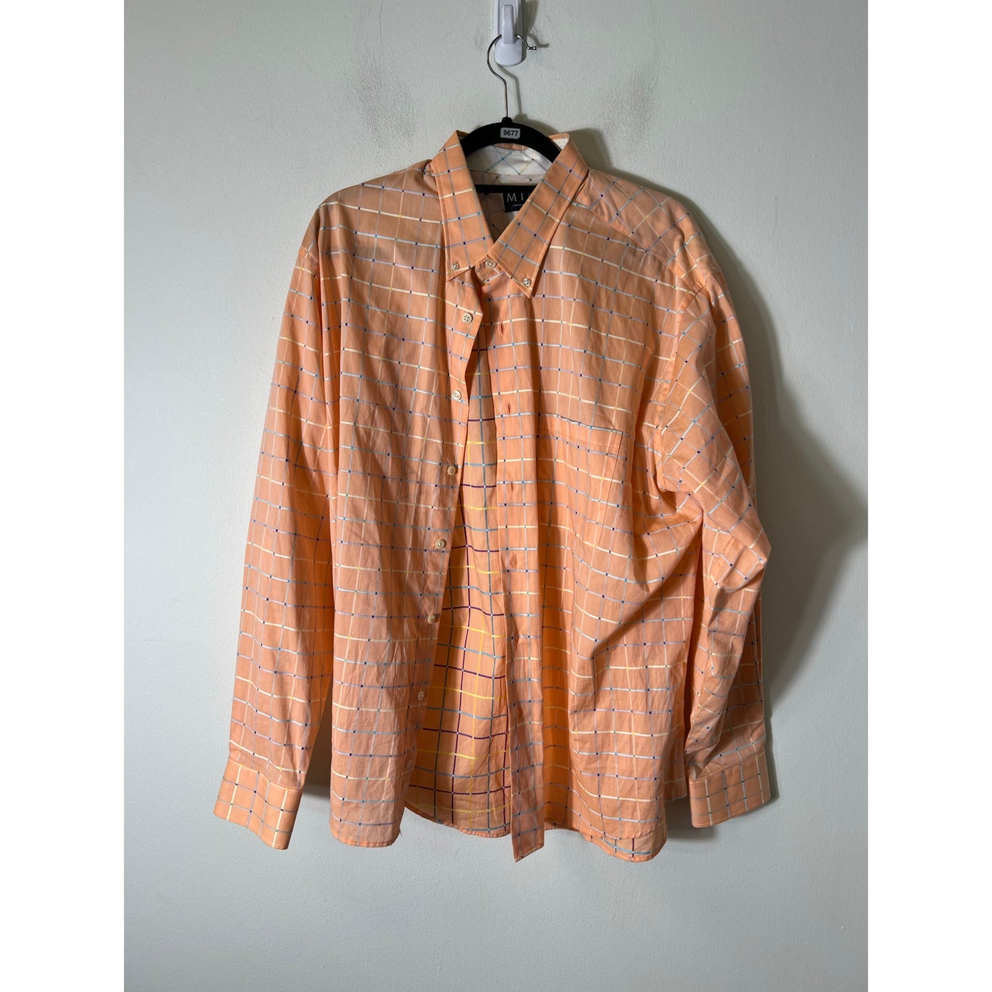Mine Peach Window Pane Long Sleeve Mens Dress Shirt Sz XL