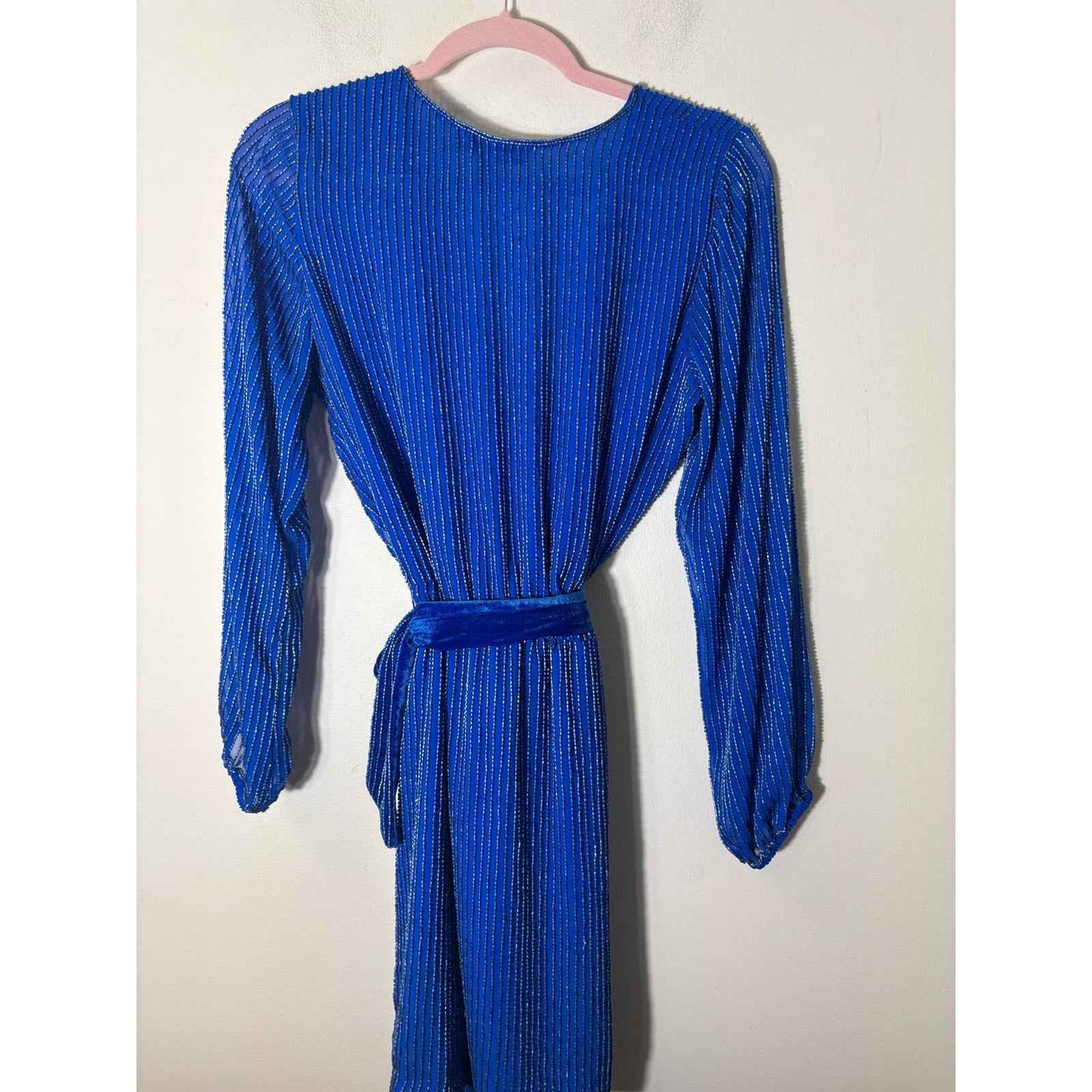 Karina Grimaldi Bright Blue Long Sleeve Knee Length Faux Wrap Dress Sz S