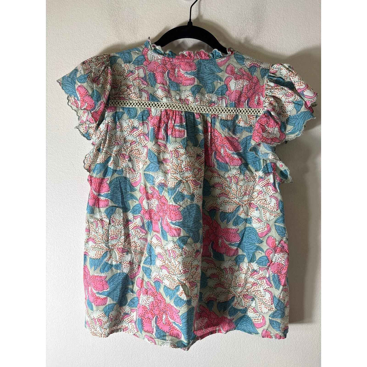 Allison Pink and Green Flutter Sleeve Cotton Top Sz M