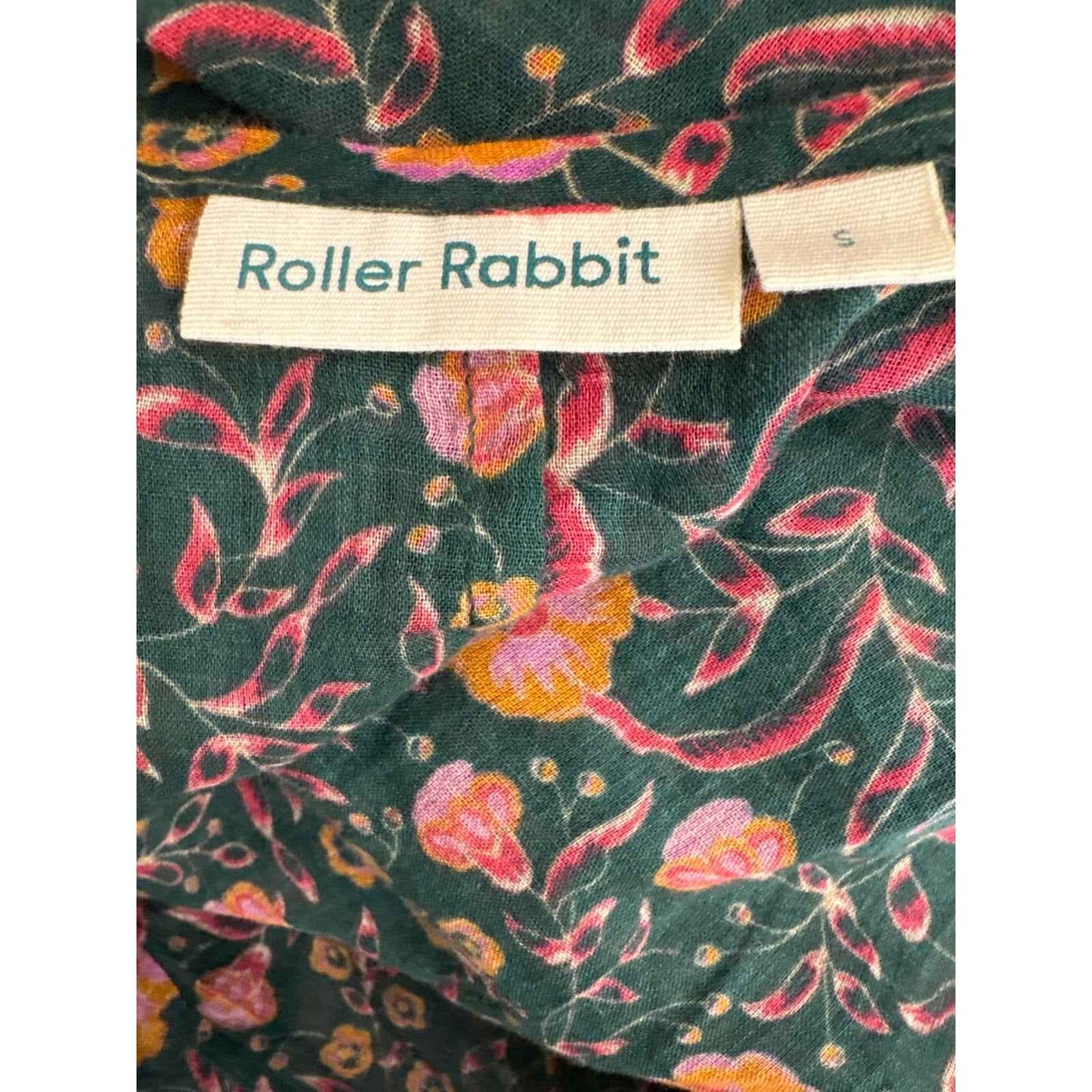 Roller Rabbit Dark Green Floral Cotton Long Sleeve Tie-Over Top Sz S