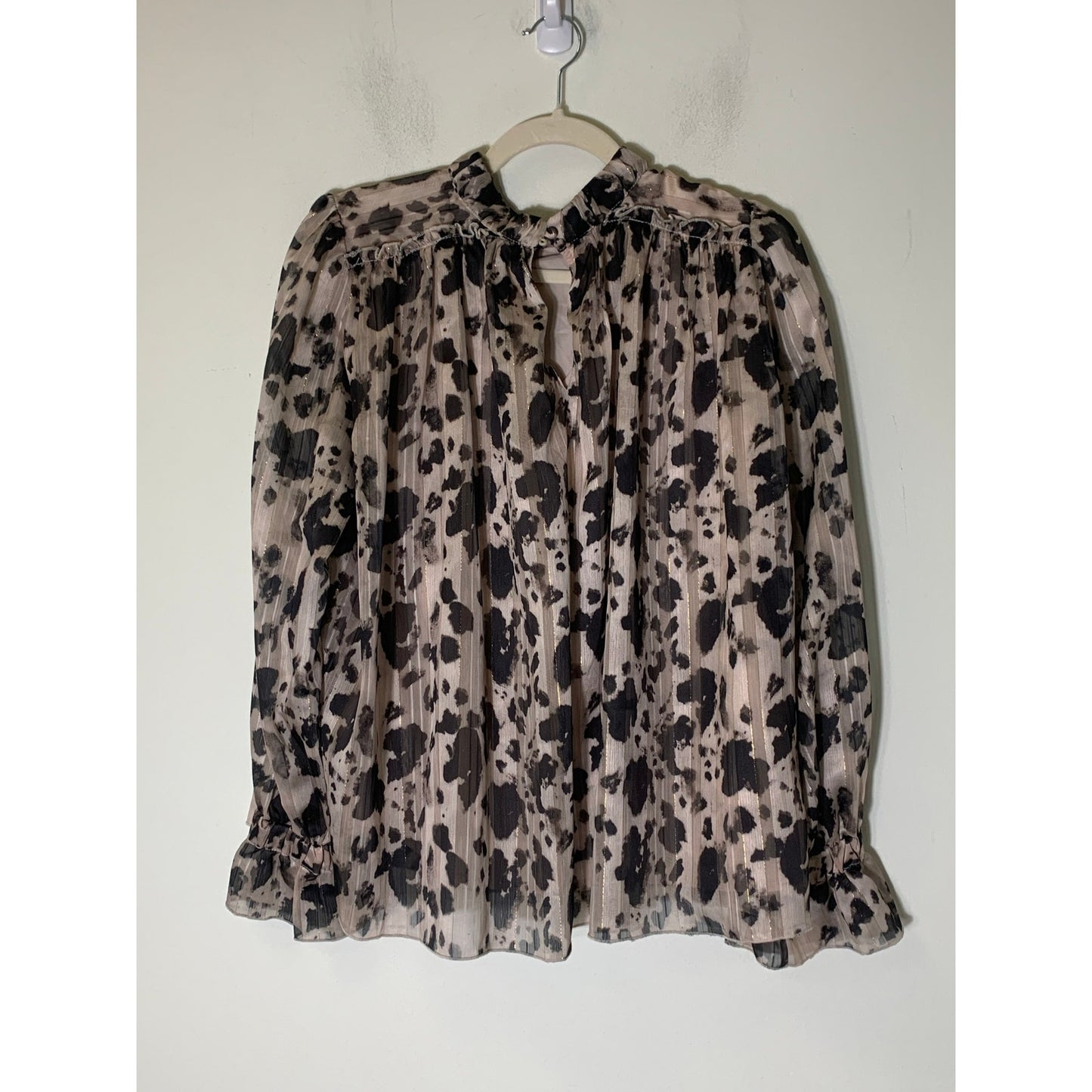 TCEC Black Beige Animal Print Long Sleeve High Collar Blouse Sz L