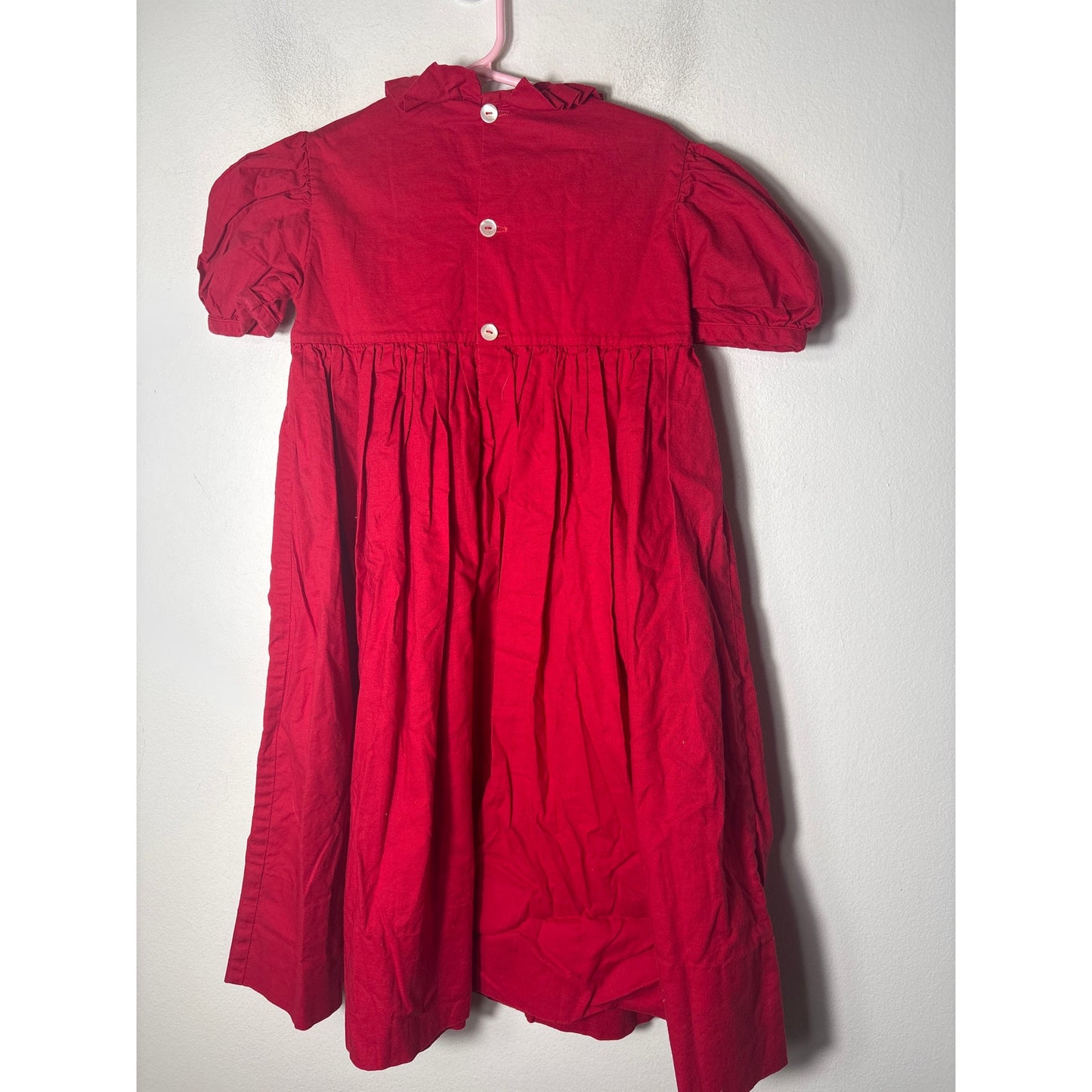 Girls Vintage Red Cotton Smocked Santa puff sleeve Dress Sz 5