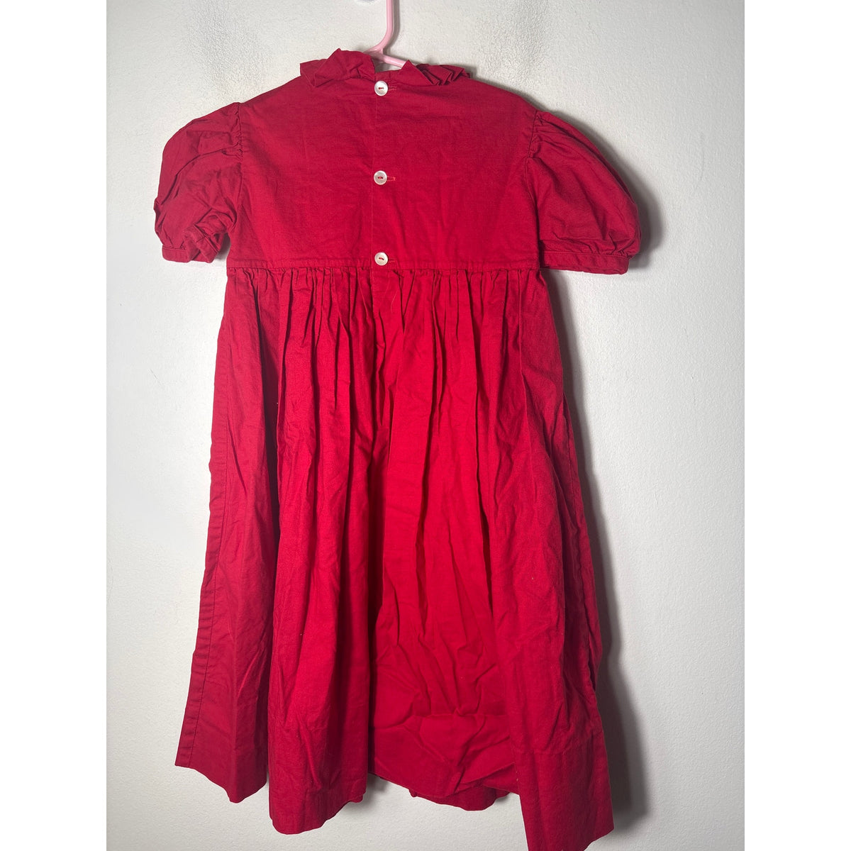 Girls Vintage Red Cotton Smocked Santa puff sleeve Dress Sz 5