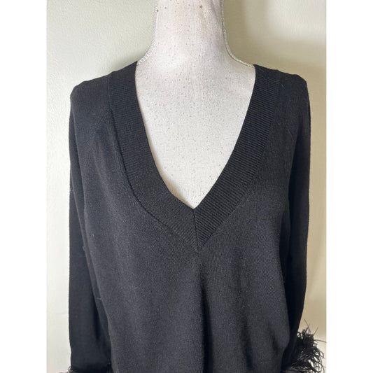 NWT MILLY long Sleeve Feathered Cuff V-Neck Sweater Sz M