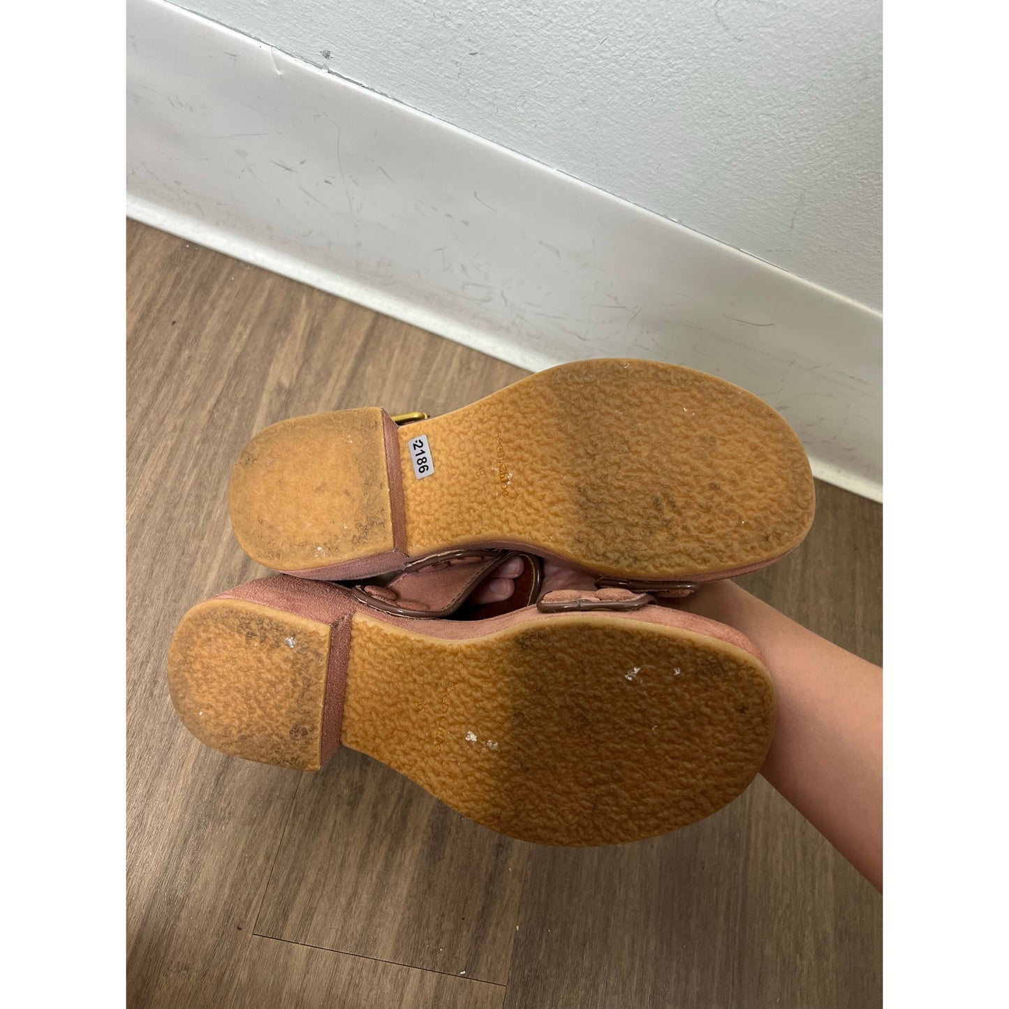 See By Chloe Brown Leather Chunky Heels with Gold Buckle Ankle Strap Sz 38