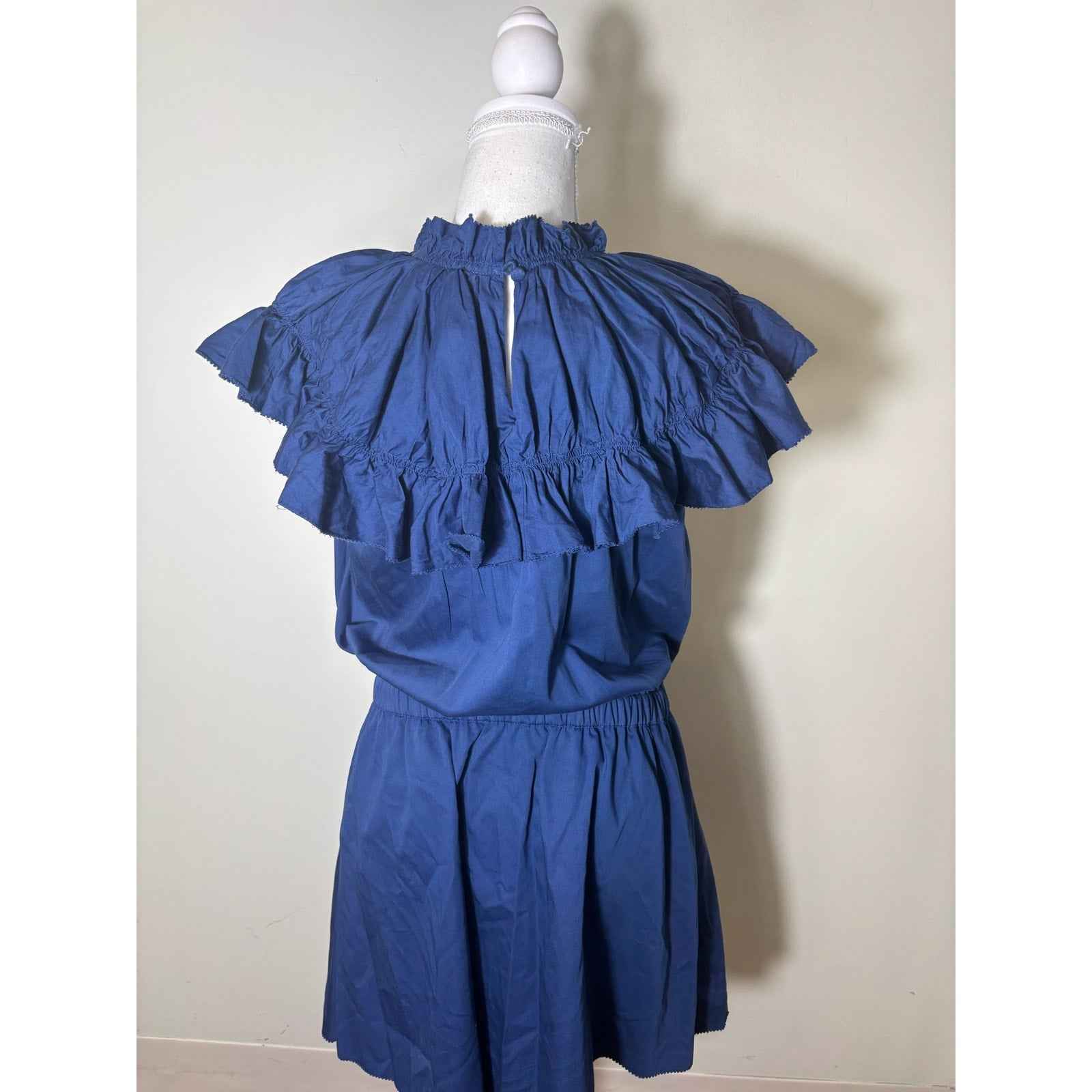 Never A Wallflower Navy Flutter Sleeve High Neck Cotton Knee Length Dress Sz L