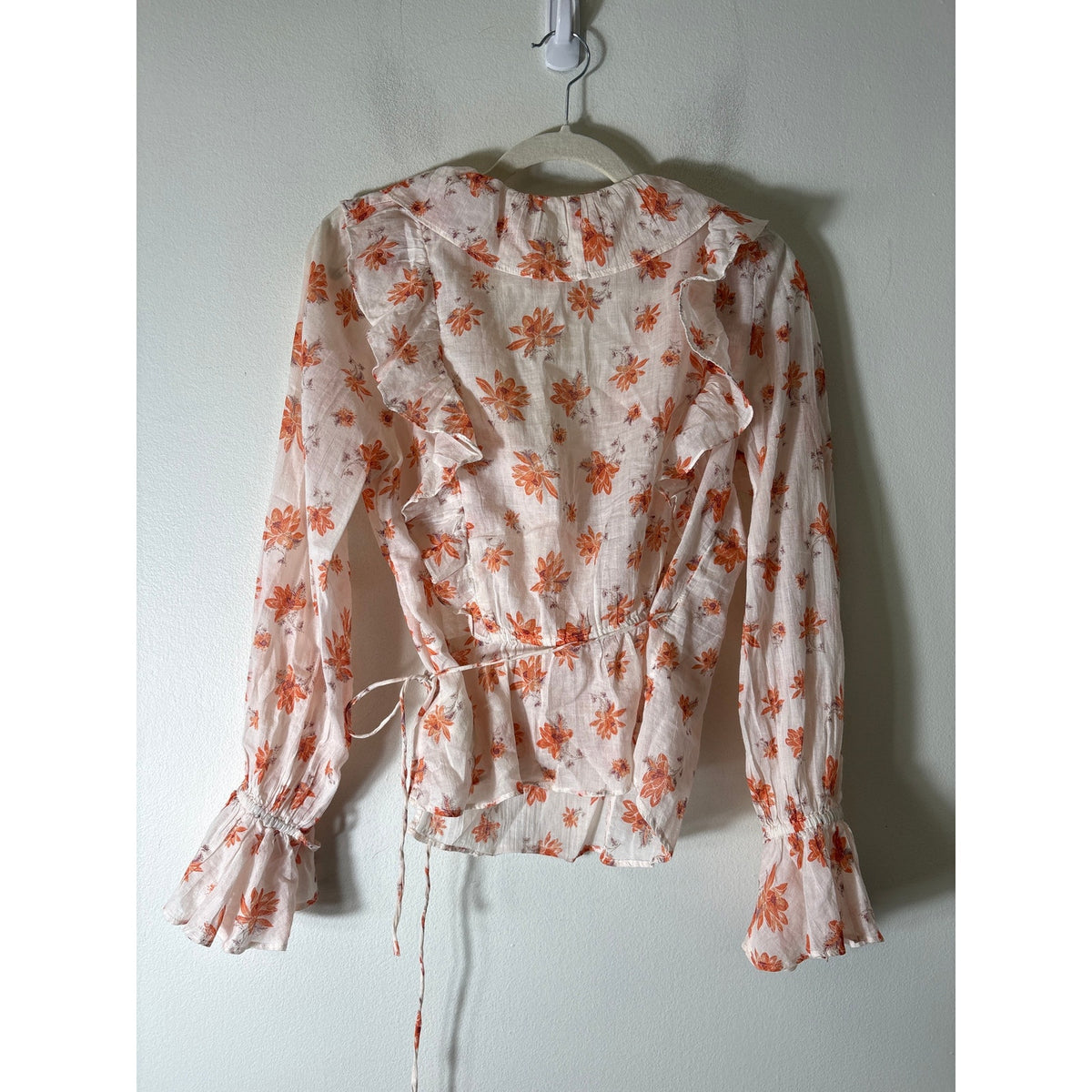 Free People Orange Floral Ruffle Wrap Top Sz S