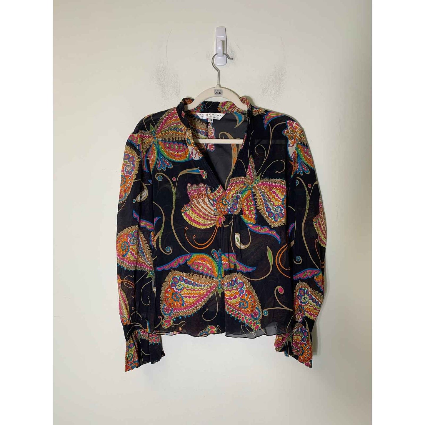 Trina Turk Black Multicolor Long Sleeve Sheer V Neck Blouse Sz S