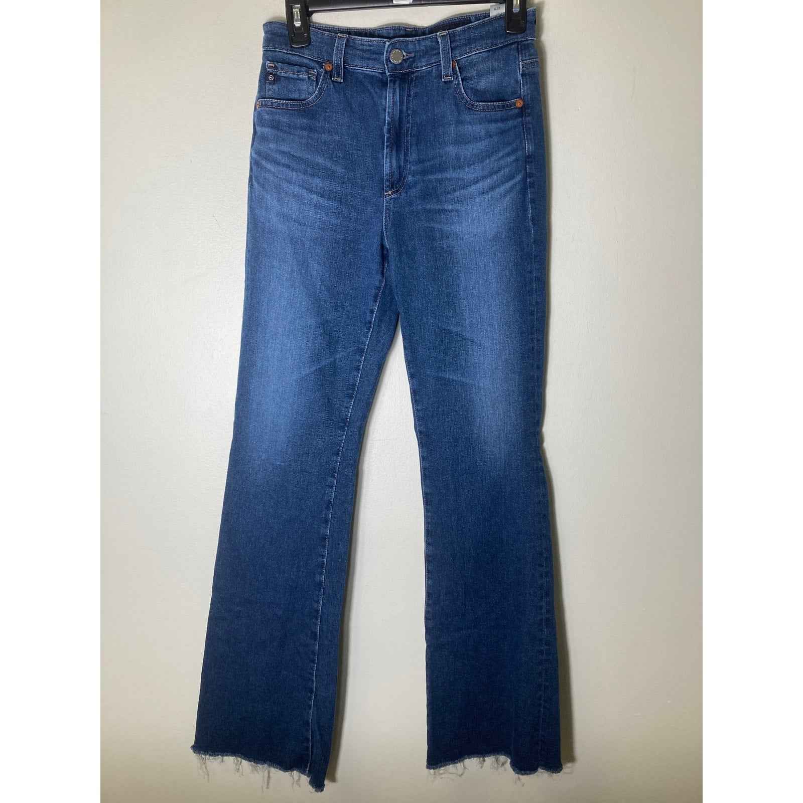 AG Blue High Rise Boot Cut "Alexxis" Distressed Hem Denim Jeans Sz 27