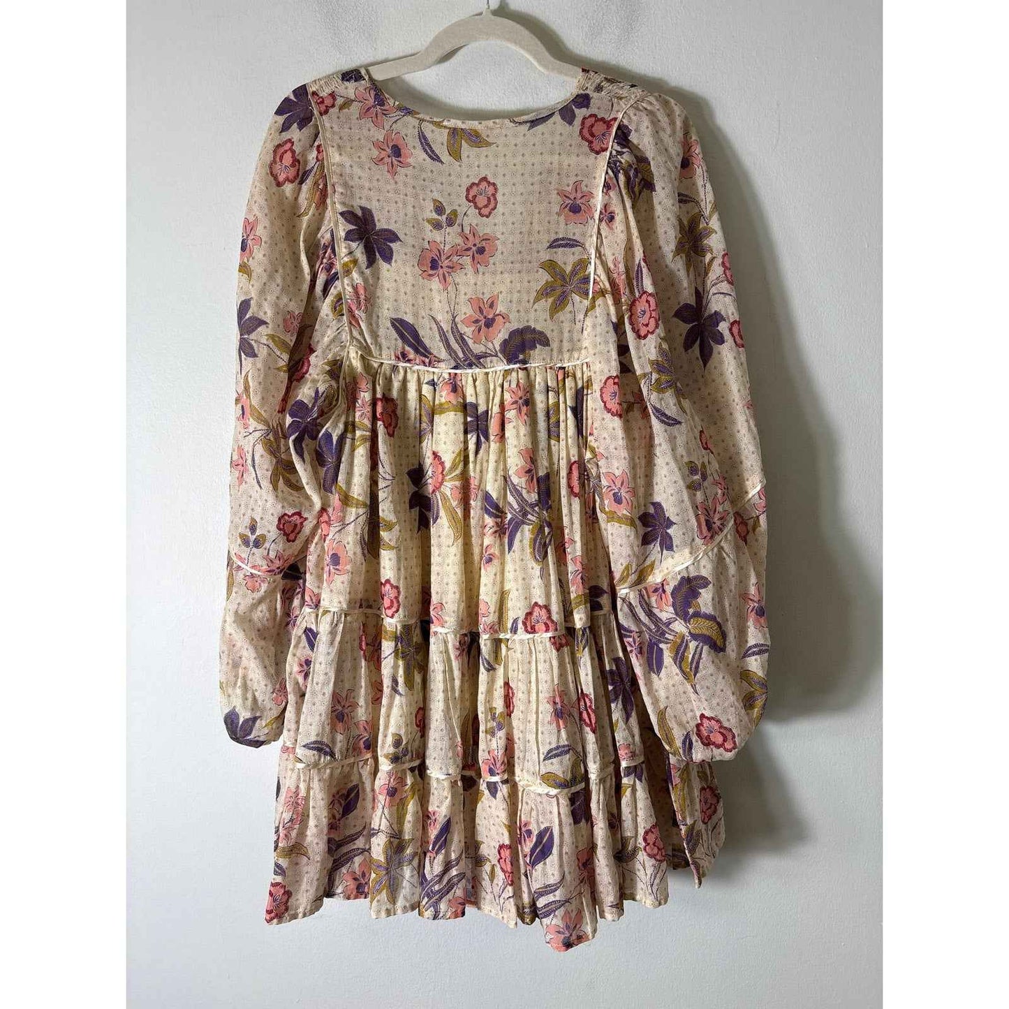 Olivaceous Beige and Pink Floral Long Puff Sleeve Tiered Mini Dress Sz S
