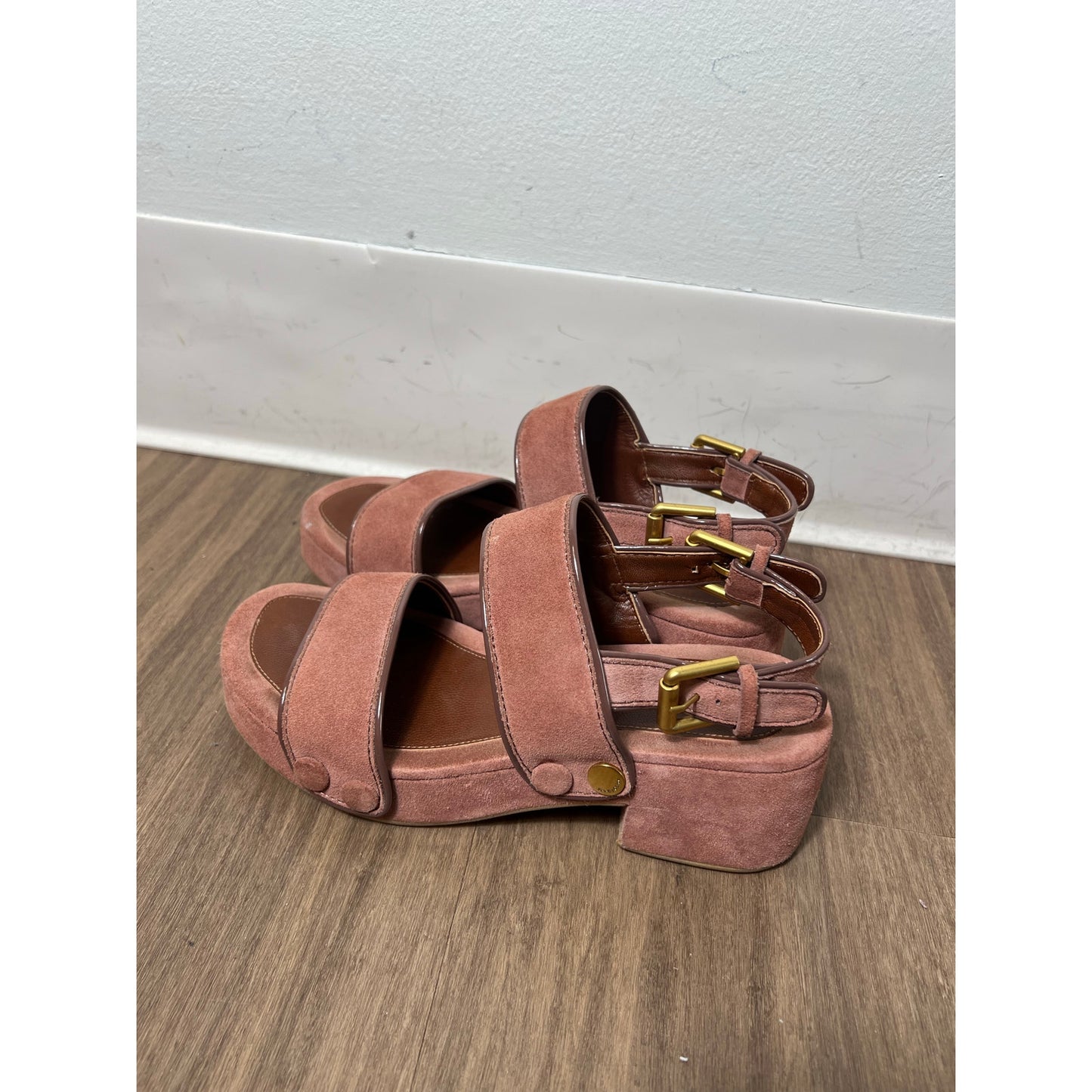 See By Chloe Brown Leather Chunky Heels with Gold Buckle Ankle Strap Sz 38