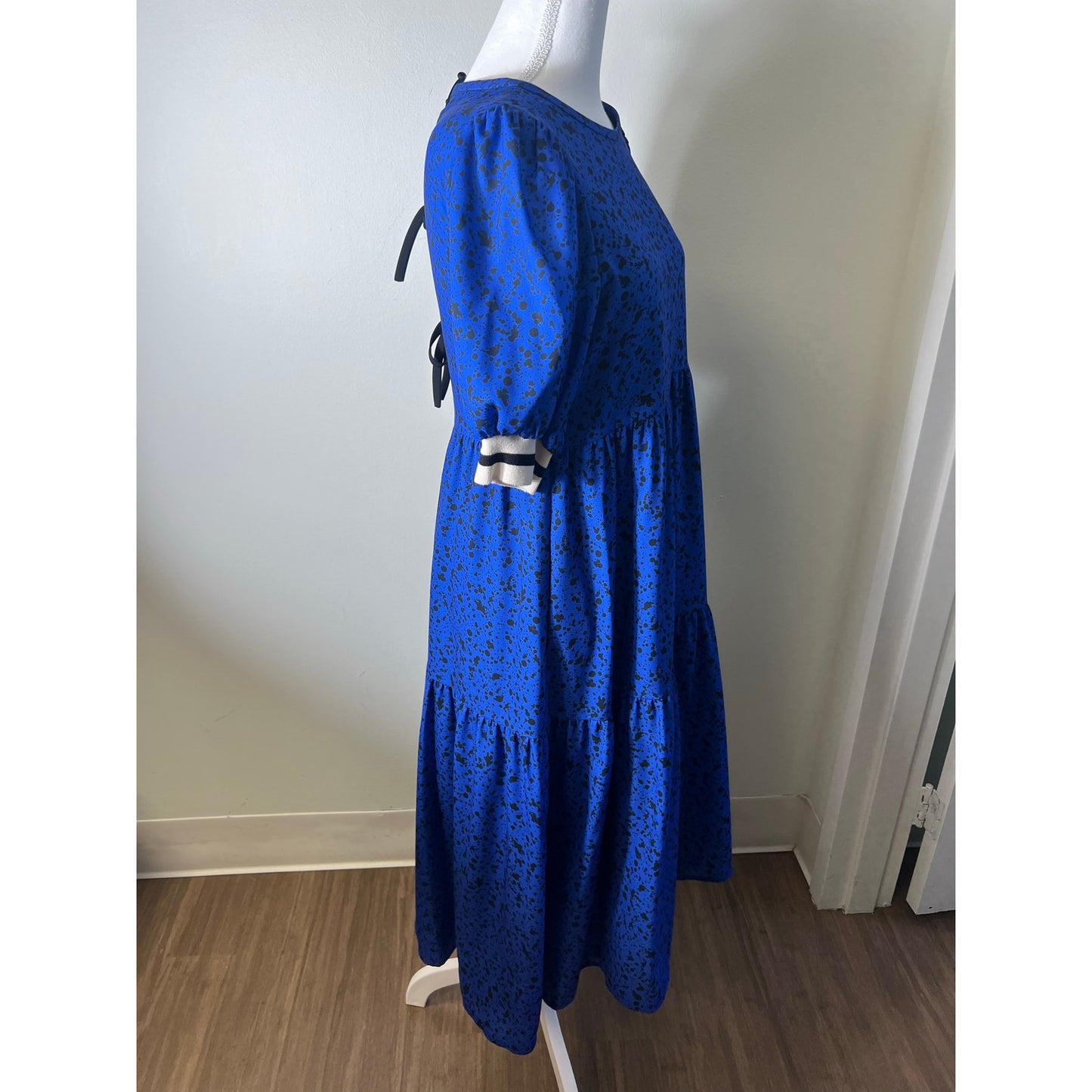 Crosby Blue And Black Speckled Tiered Short Sleeve Maxi Dress Sz Xs