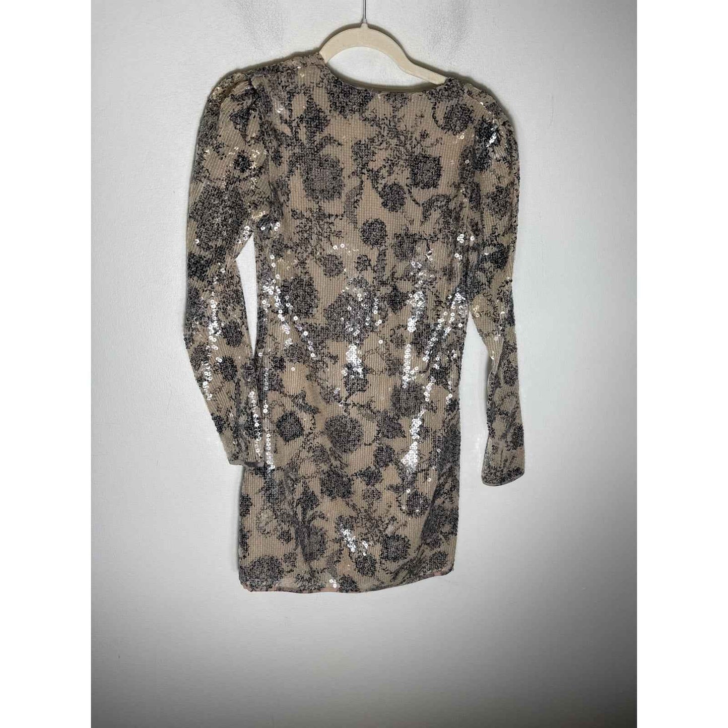 Cynthia Rowley Beige Black Print Long Sleeve V-Neck Mini Dress Sz 4