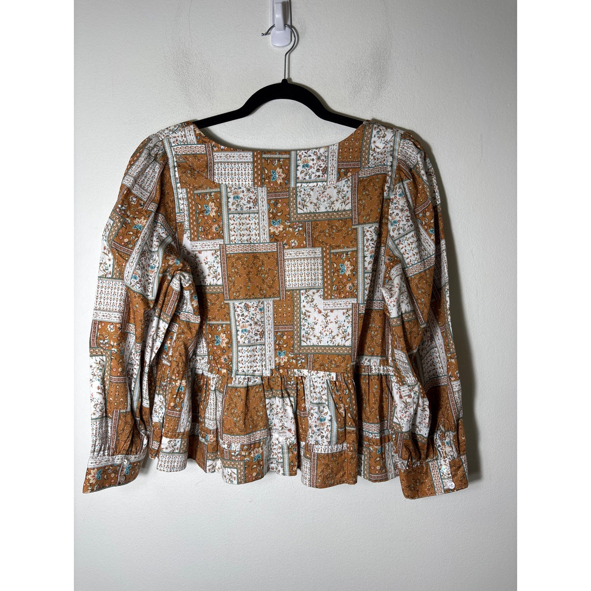 Fab'rik Brown Quilt Pattern Long Sleeve Cotton Peplum Top Sz M