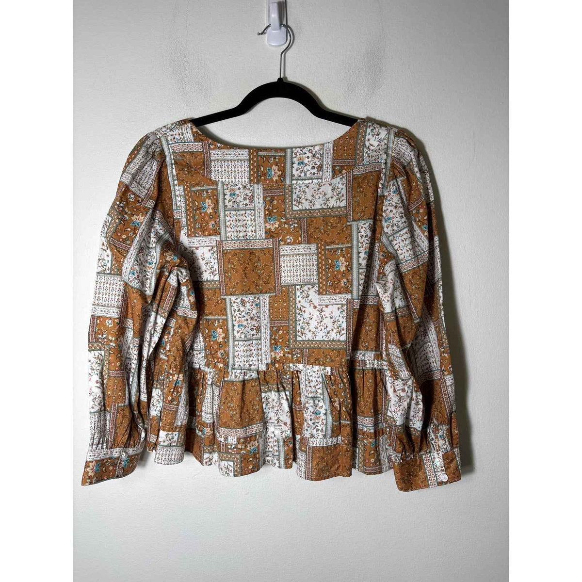 Fab'rik Brown Quilt Pattern Long Sleeve Cotton Peplum Top Sz M