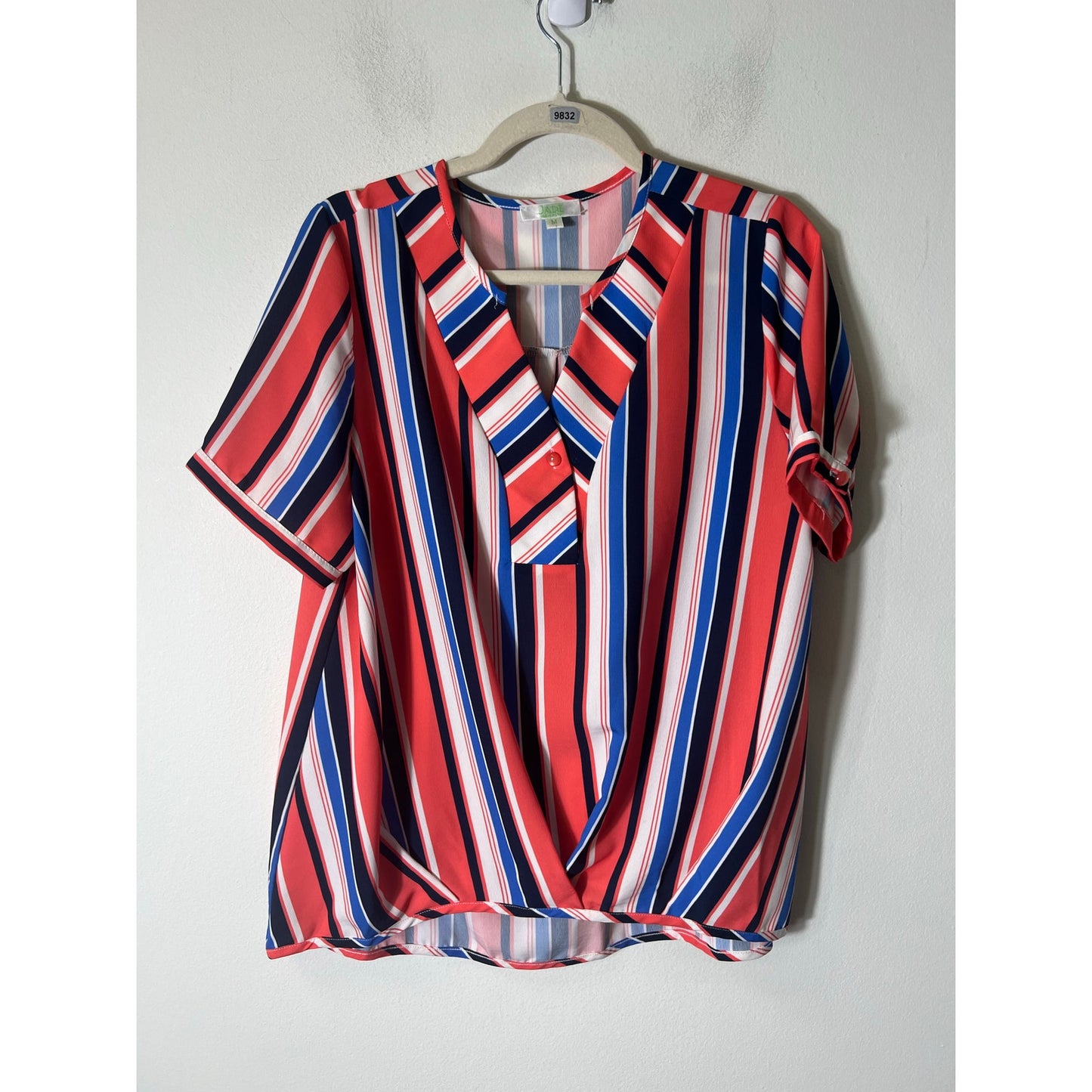 Jade Orange Blue Stripe Short Sleeve V-Neck Blouse Sz M