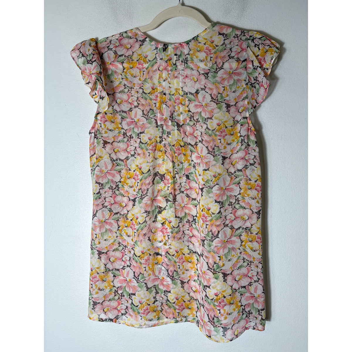 Joie Pink Floral Sheer Flutter Sleeve Silk V-Neck Top Sz S