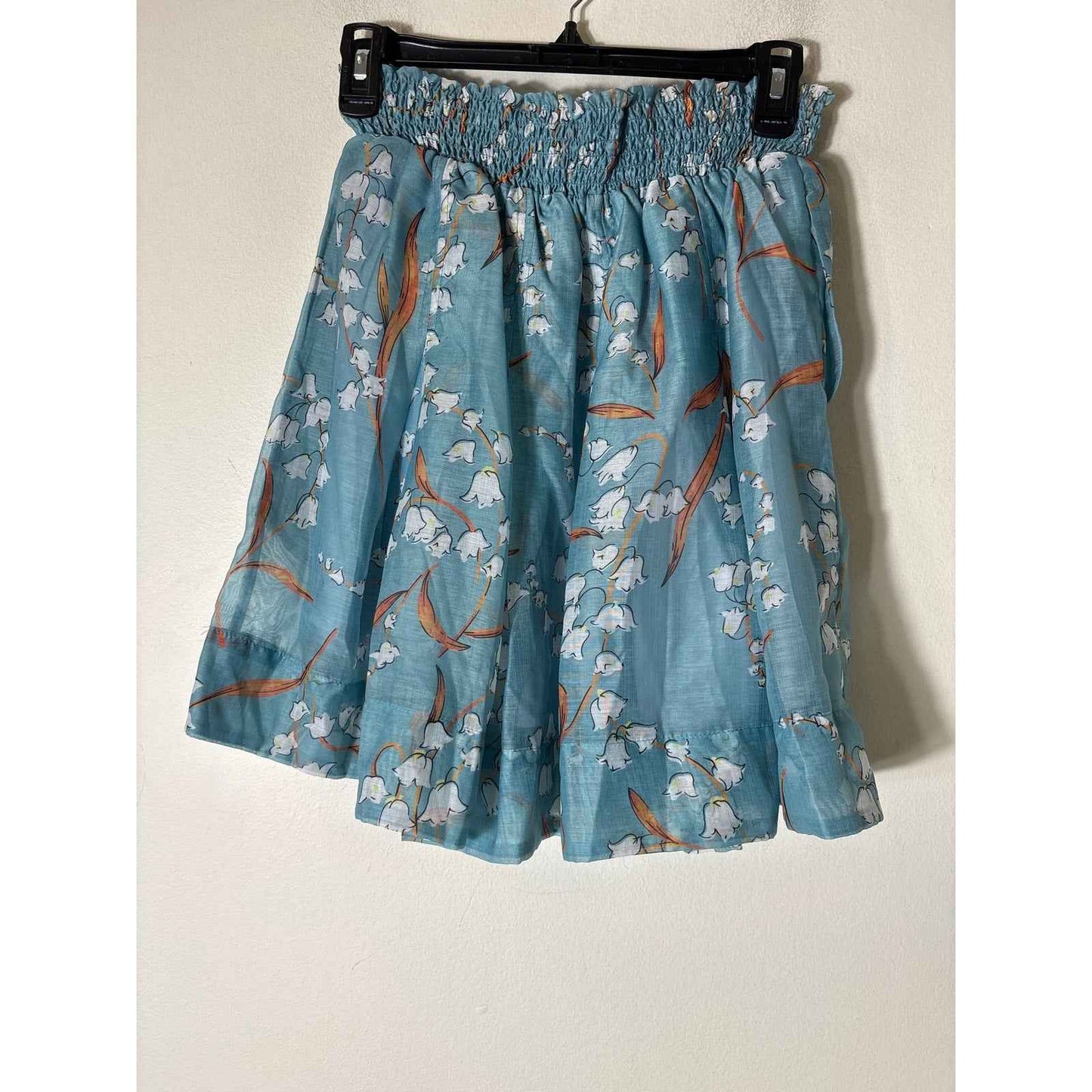 NWT Buru Blue Lilly of The Valley Smocked Waist Mini skirt Sz M