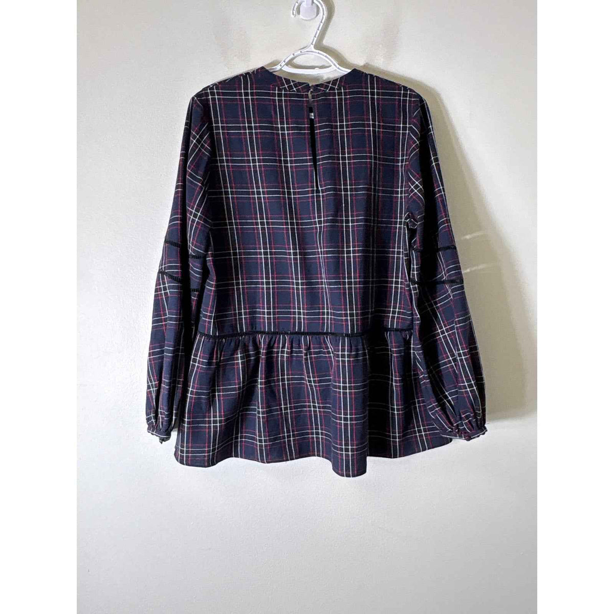 Crosby by Mollie Burch Navy Plaid Long Sleeve Peplum Top Sz L