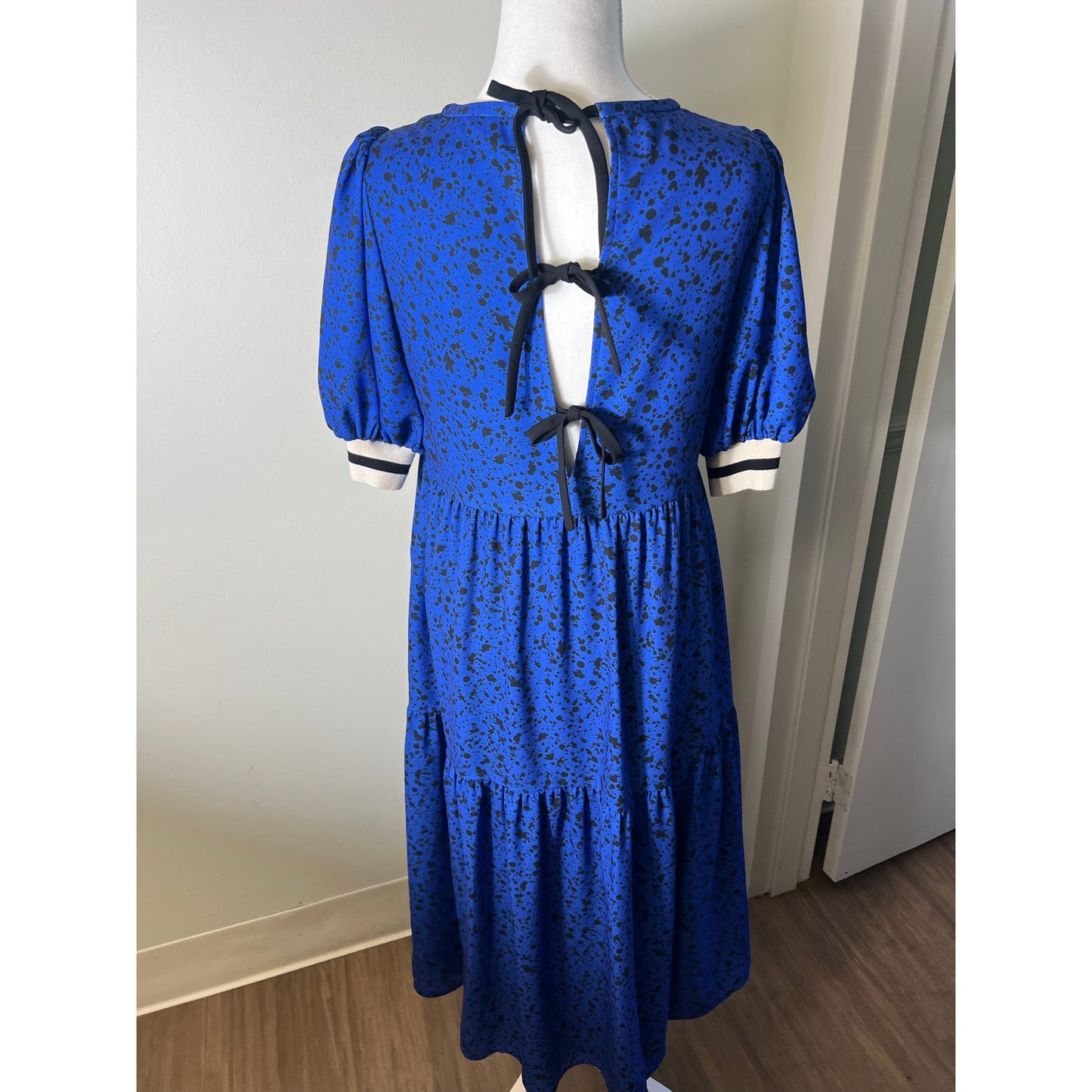 Crosby Blue And Black Speckled Tiered Short Sleeve Maxi Dress Sz Xs