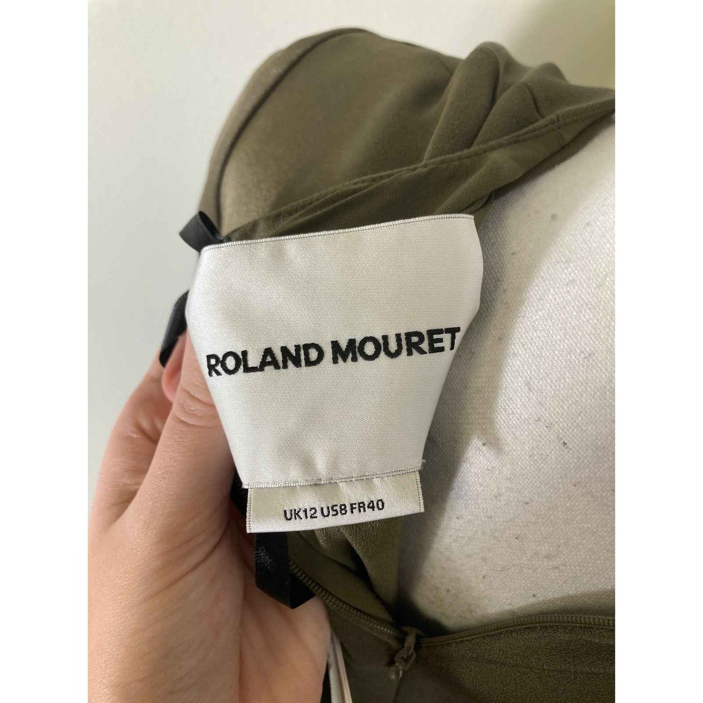 NWT Roland Mouret Olive Green Satin Crepe w Drape Dress Sz 8