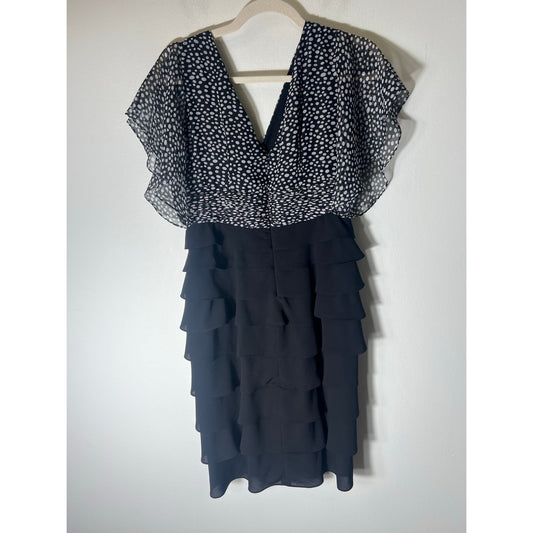 Adrianna Papell Black White Polka Dot Flutter Sleeve Knee Length Dress Sz 8