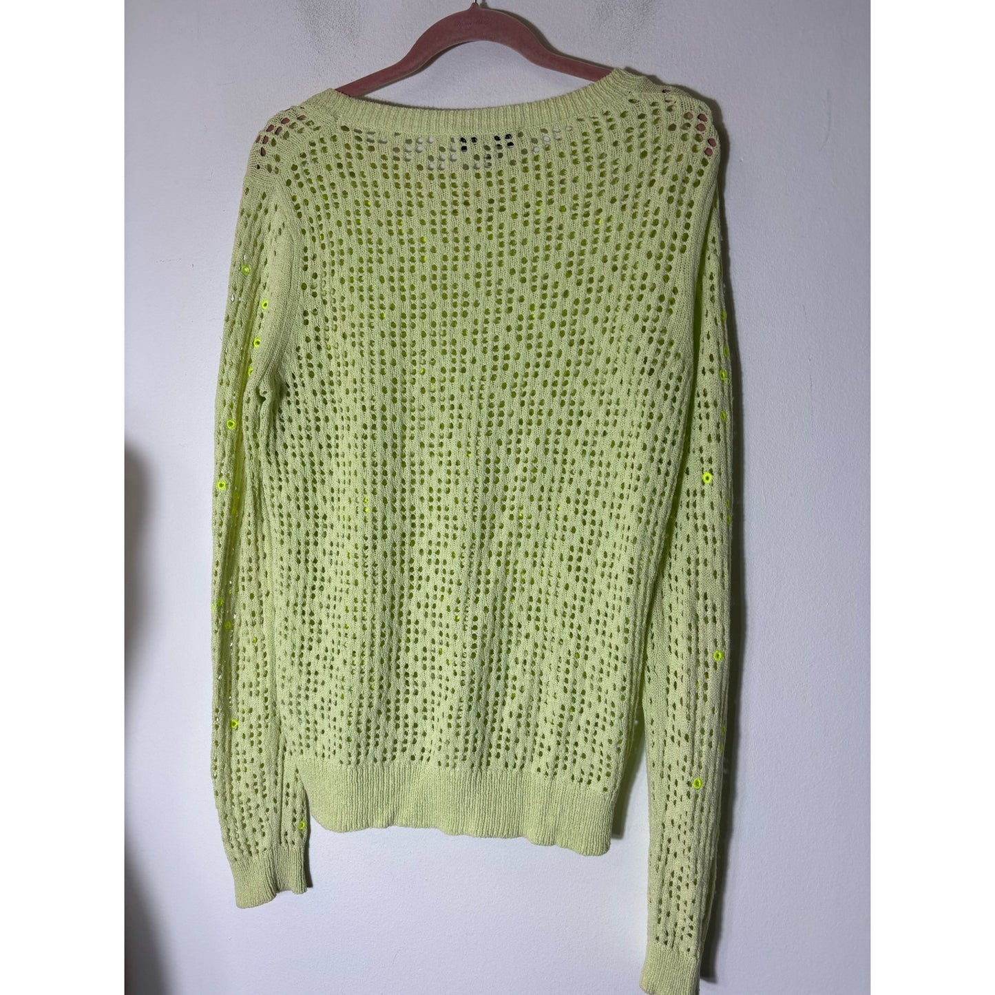 White + Warren Neon Green Long Sleeve Crochet Sweater Sz S