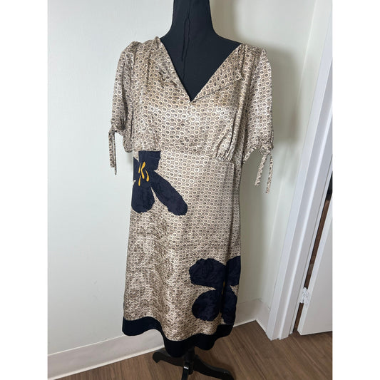 Phoebe Couture Tan Black Short Sleeve, V Neck, Knee Length Silk Shift Dress Sz 16