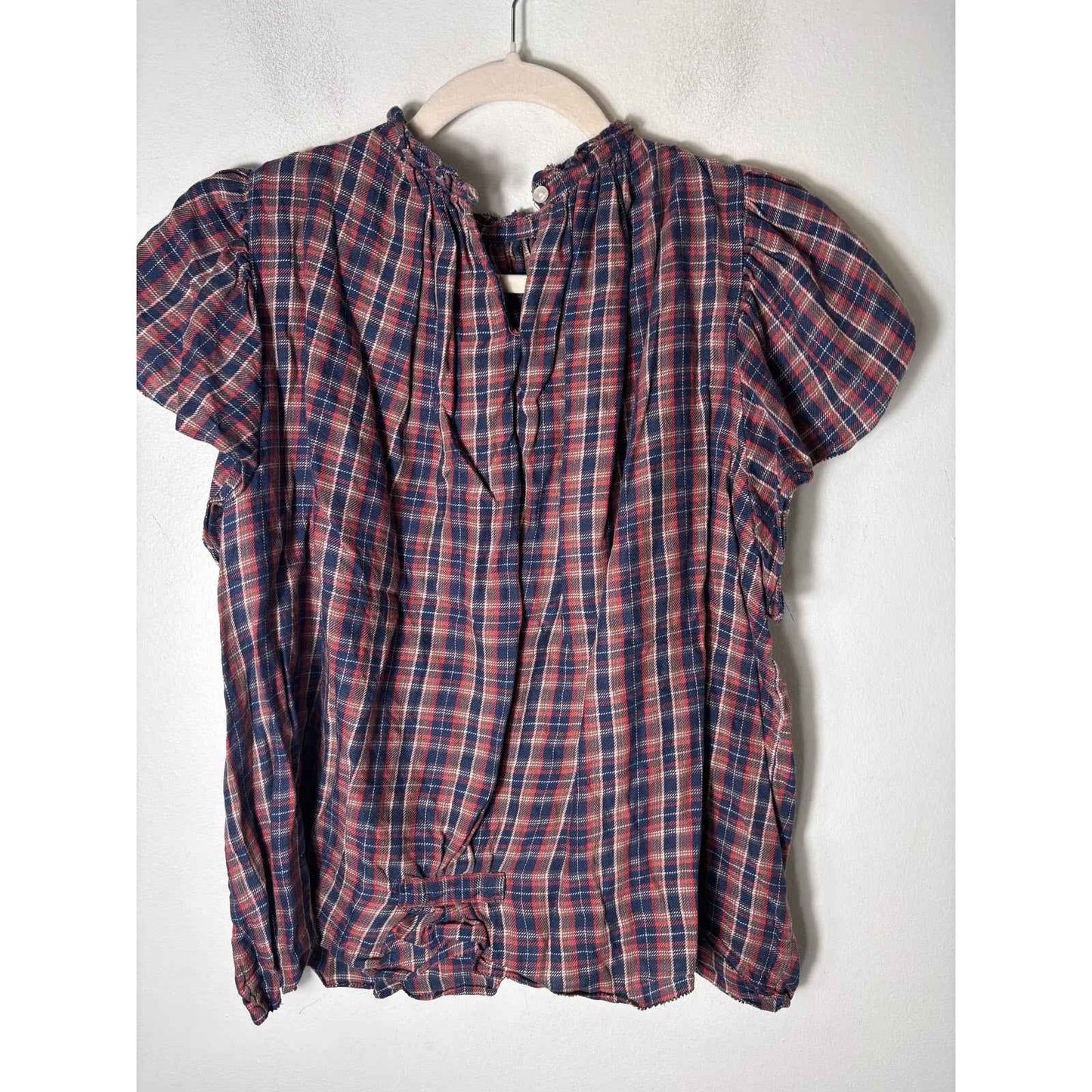 Travota Birds of Paradise Blue Tan Pink Plaid Flutter Sleeve Cotton Blend Top S