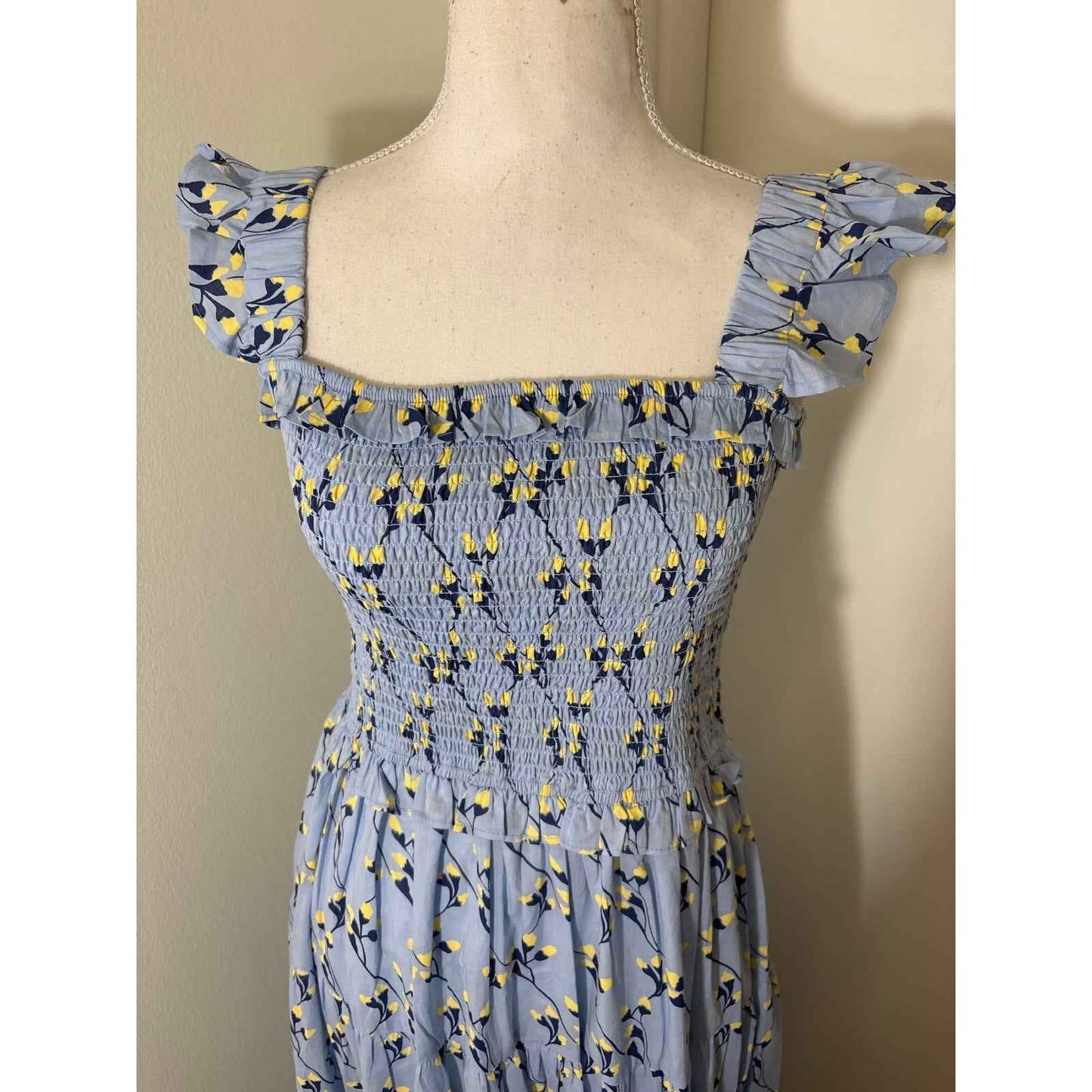 NWT Beyond by Vera Mia Blue and Yellow Smocked Bodice Midi Dress Sz S