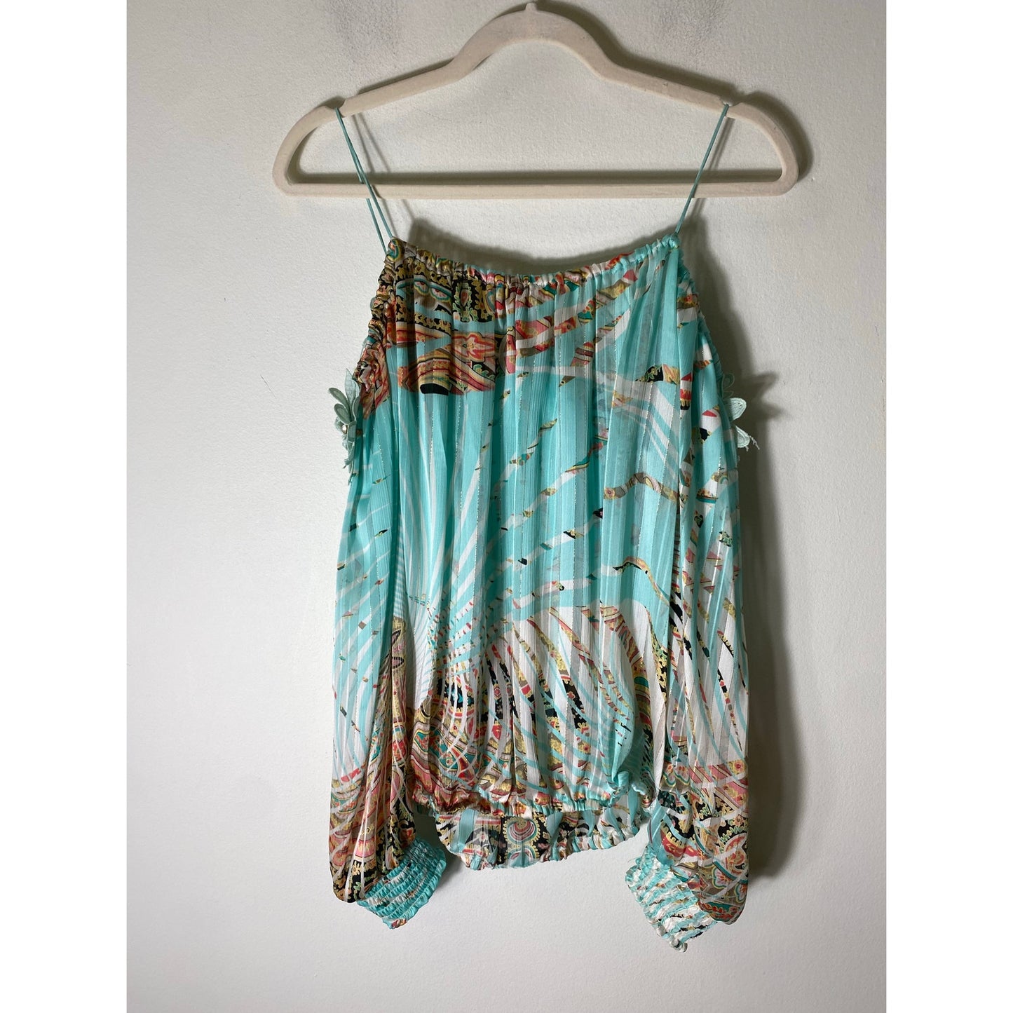 Casting Tuqoise Floral Blouse Off The Shoulder Sz M