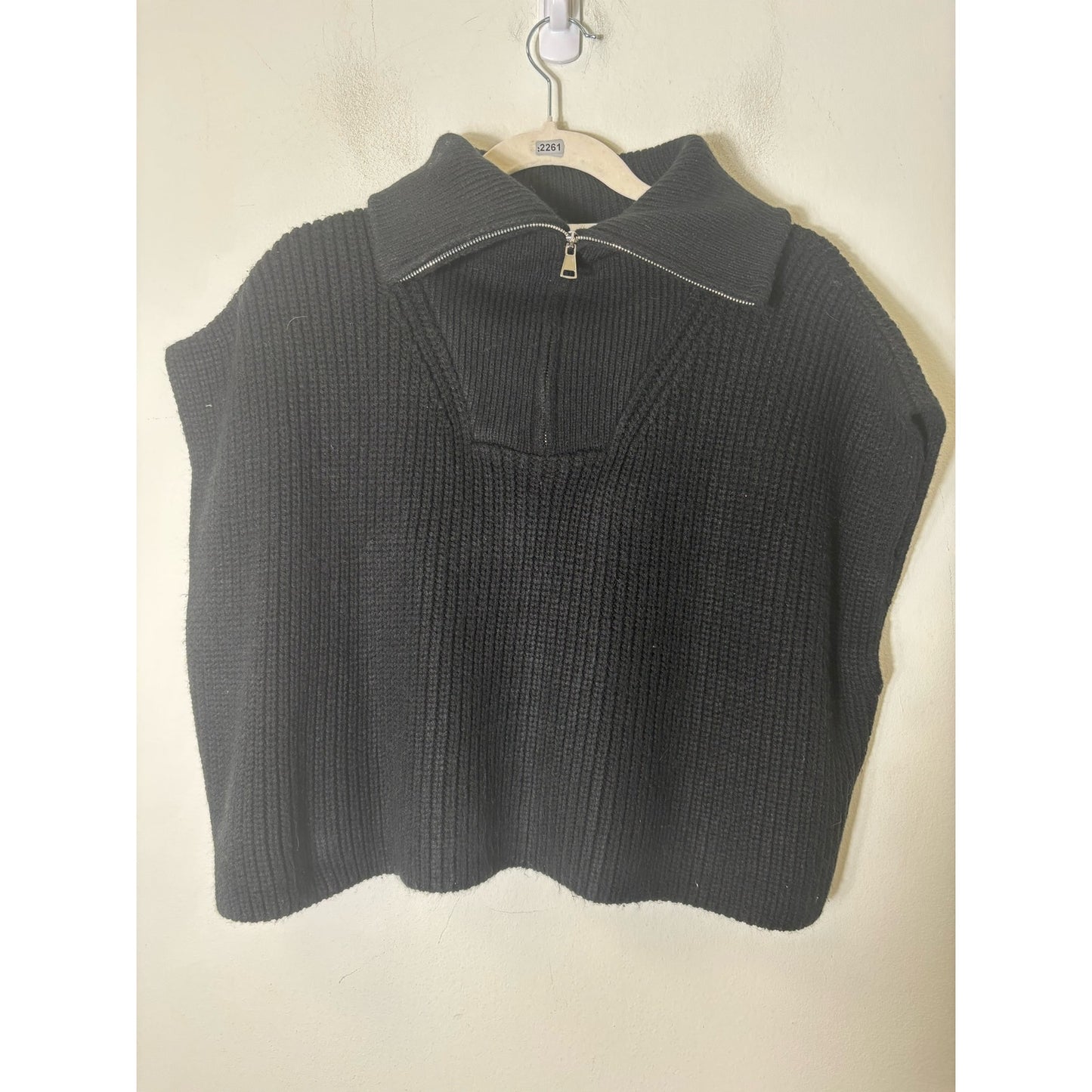 Zara Black Boxy Foldover Collar Cropped Pullover Half Zip Sweater Sz L