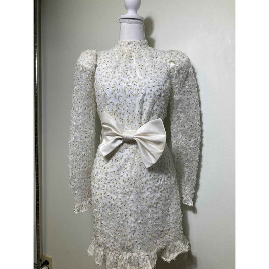 NWT Antonio Melani White Gold Long Sleeve Lace High Collar Cocktail Dress Sz 0