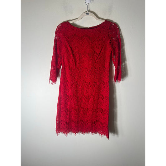 Jessica Howard Red 3/4 Sleeve Knee Length Lace Sheath Dress Sz 4P