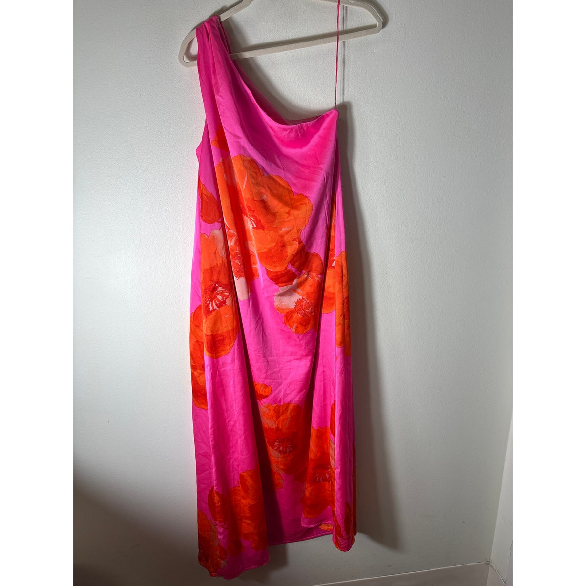 Pants Store Hot Pink Floral One Shoulder Maxi Dress Sz M