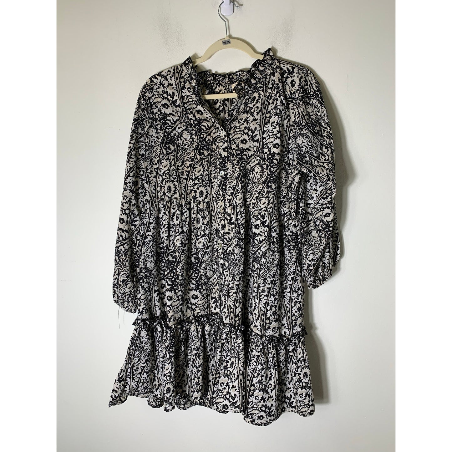 Made with Love Black White Print Long Sleeve Baby Doll Mini Dress Sz L