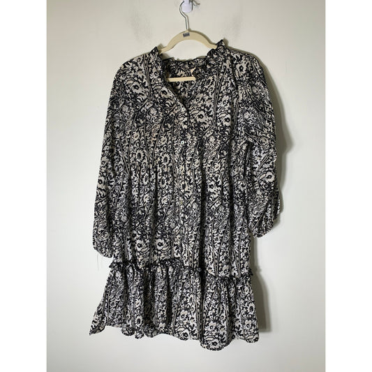 Made with Love Black White Print Long Sleeve  Baby Doll Mini Dress Sz L