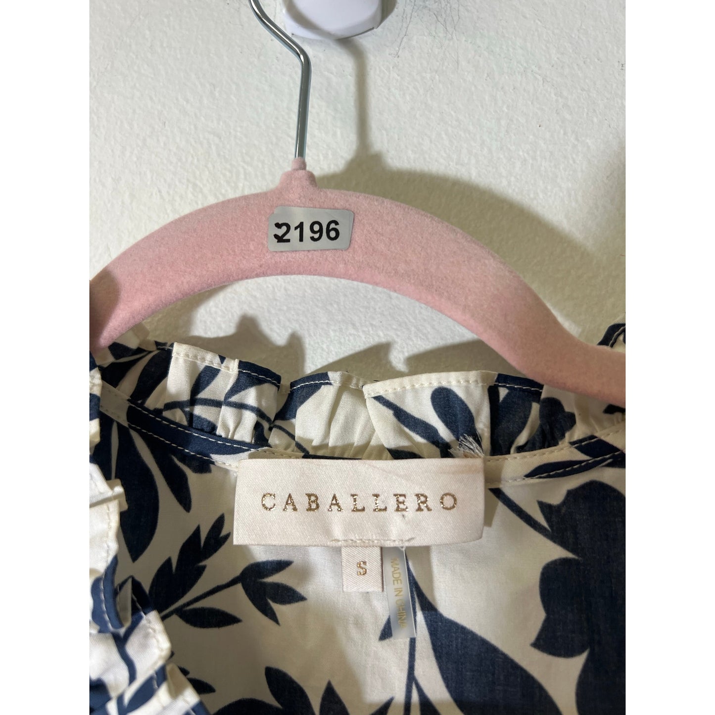 Caballero Blue & White Floral Button Up Puff Sleeve Ruffled Neck Cotton Top Sz S