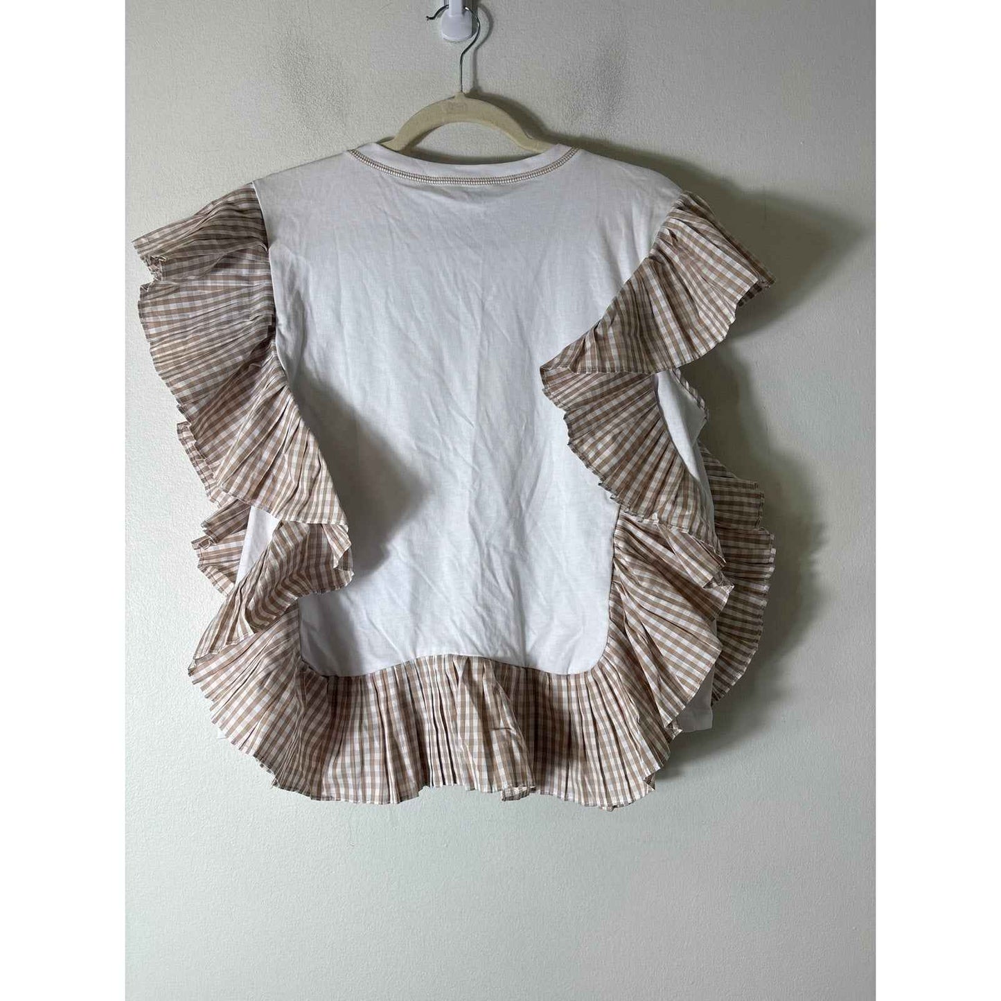 NWT English Factory White With Khaki Gingham Ruffles Top Sz L