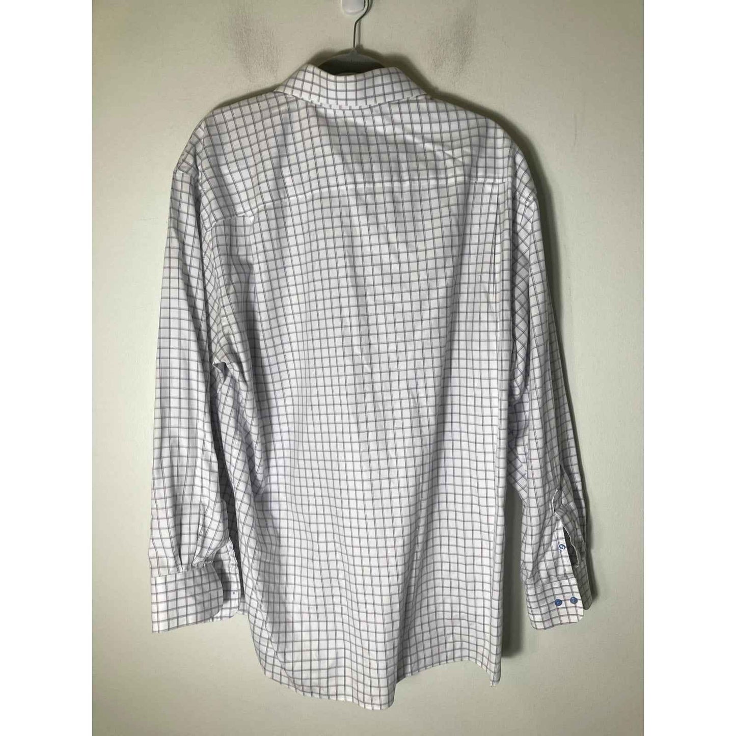 Men's David Donahue White Plaid Cotton Long Sleeve Dress Shirt Sz 17.5 34/35