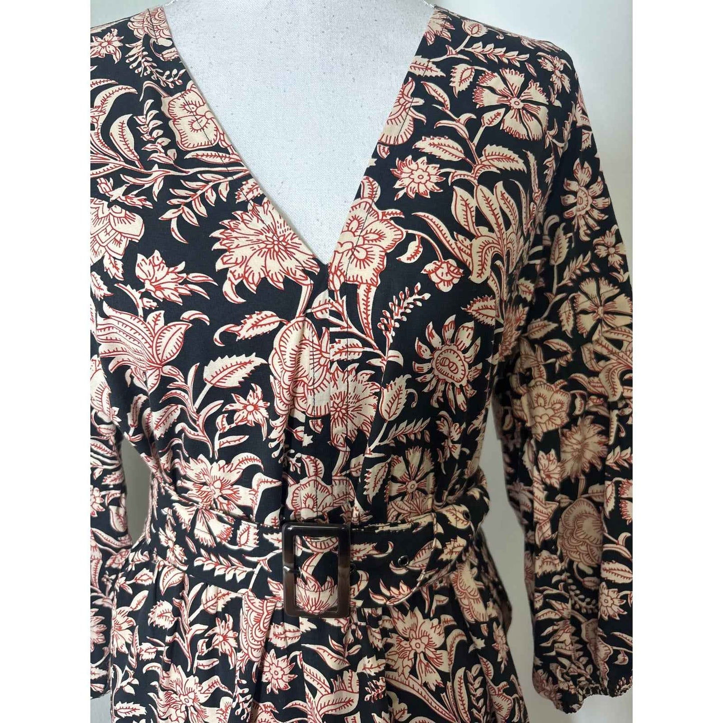 Beachgold Black with Red/Cream Floral Long Sleeve Mini Dress Sz S