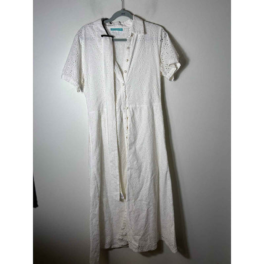 Melissa Odabash White Eyelet Short Sleeve Button Up Maxi Dress Sz 10