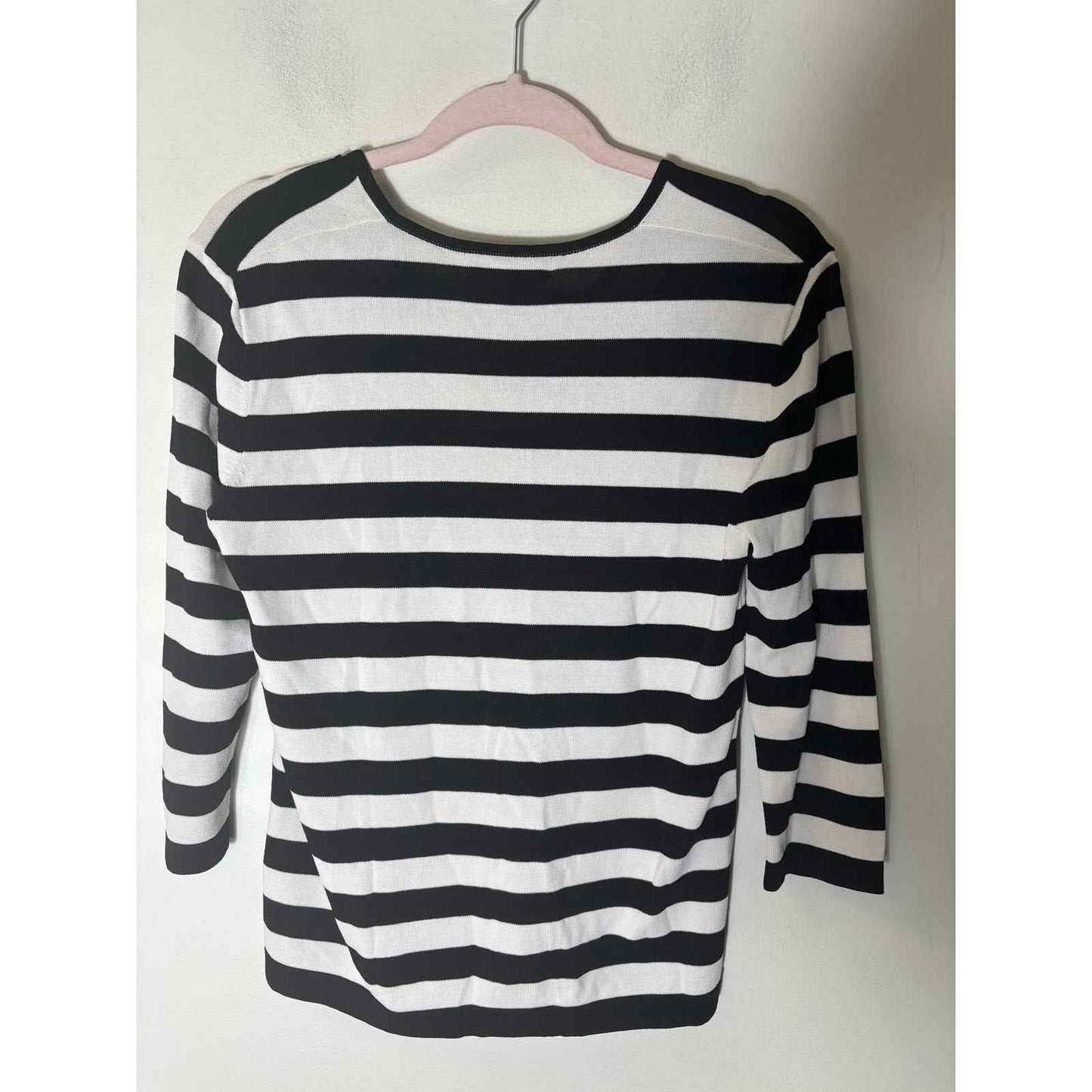 Jones New York Signature Black White Stripe 3/4 Sleeve V-Neck Shirt Sz L