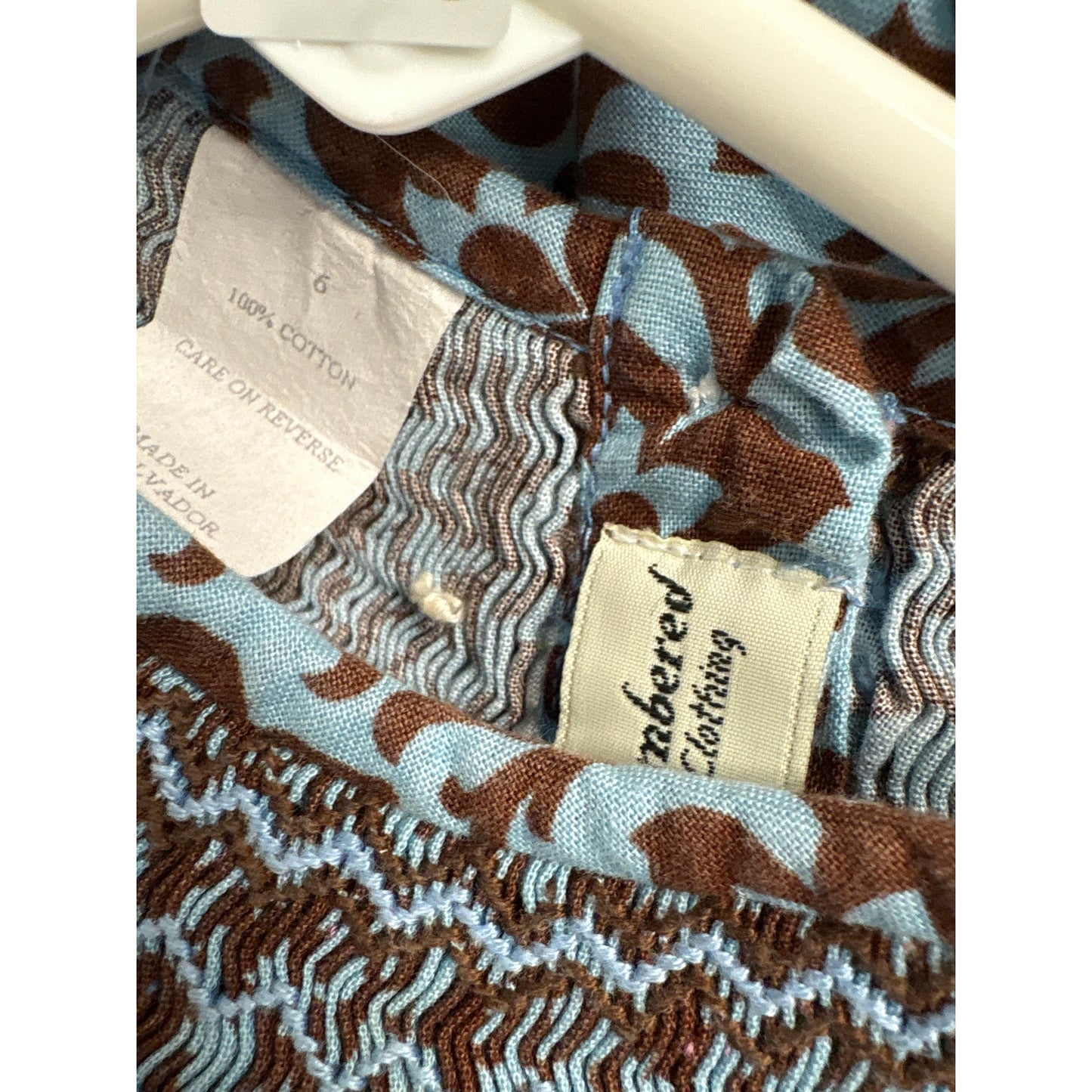Girls Vintage Amanda Remembered Blue&Brown Print 3/4 Sleeves Smocked Dress Sz 6