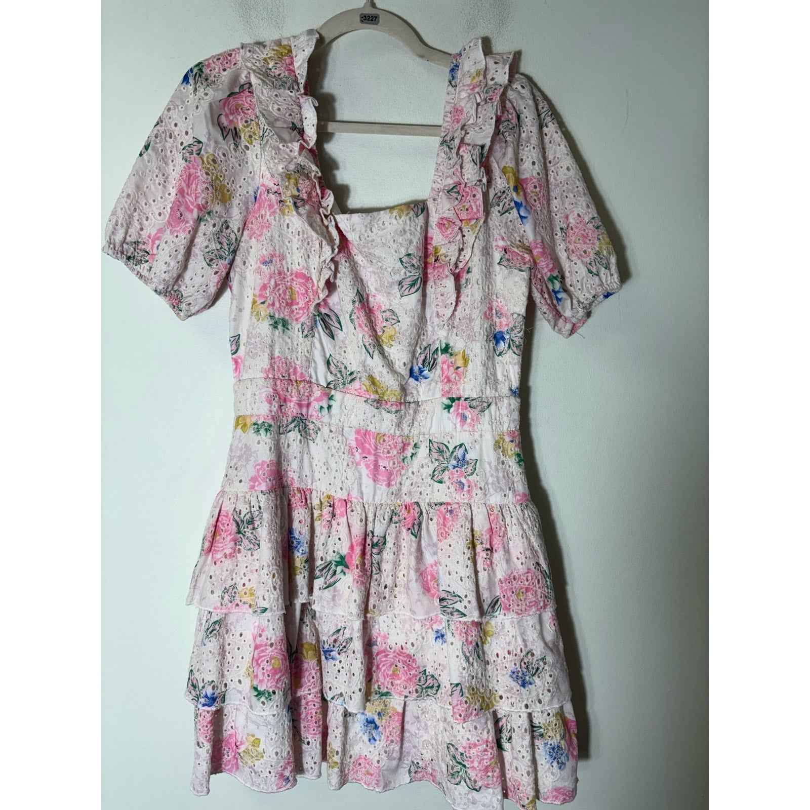 Adelyn Rae Pink Floral Eyelet Half Sleeve Tiered Ruffle Mini Dress Sz M