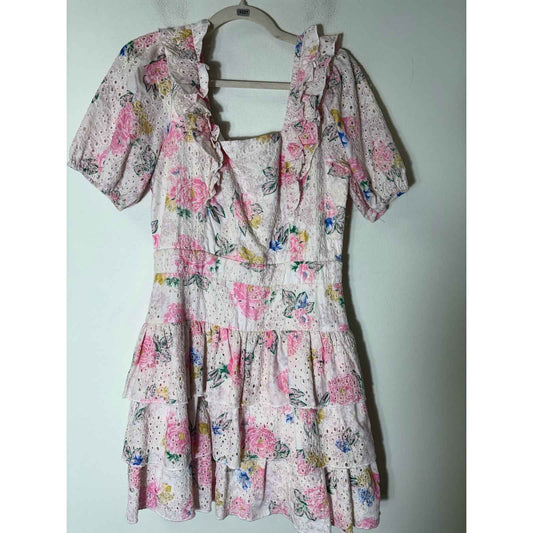 Adelyn Rae Pink Floral Eyelet Half Sleeve Tiered Ruffle Mini Dress Sz M