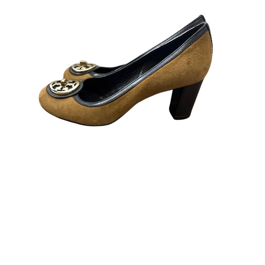Tory Burch Brown Suede Gold Emblom Heels Sz 8